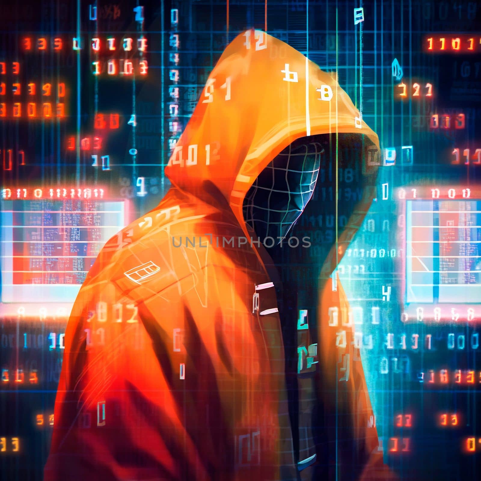 Hacker in an orange hood. Genius of the computer world. Numbers and Matrix. High quality illustration