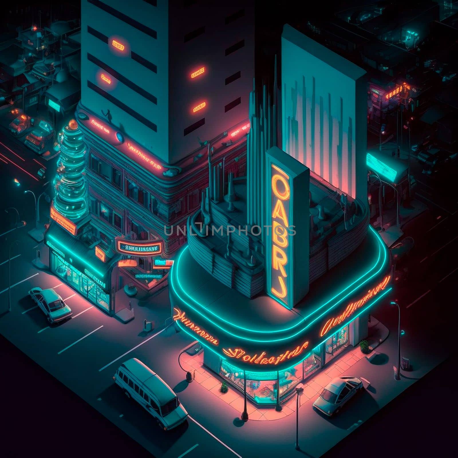 Life in the neon city at night. Bright lights, cars, cafes. Backlight, neon, isometry. High quality illustration