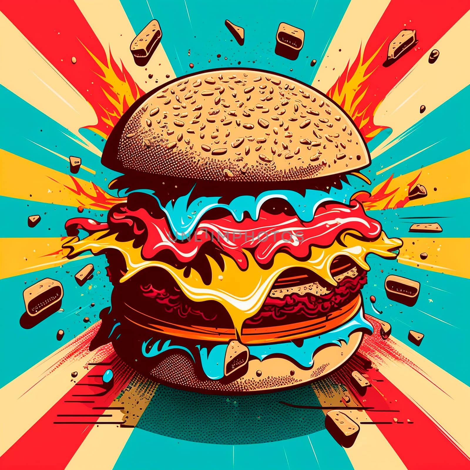 Colorful burger in thiel pop art . High quality illustration