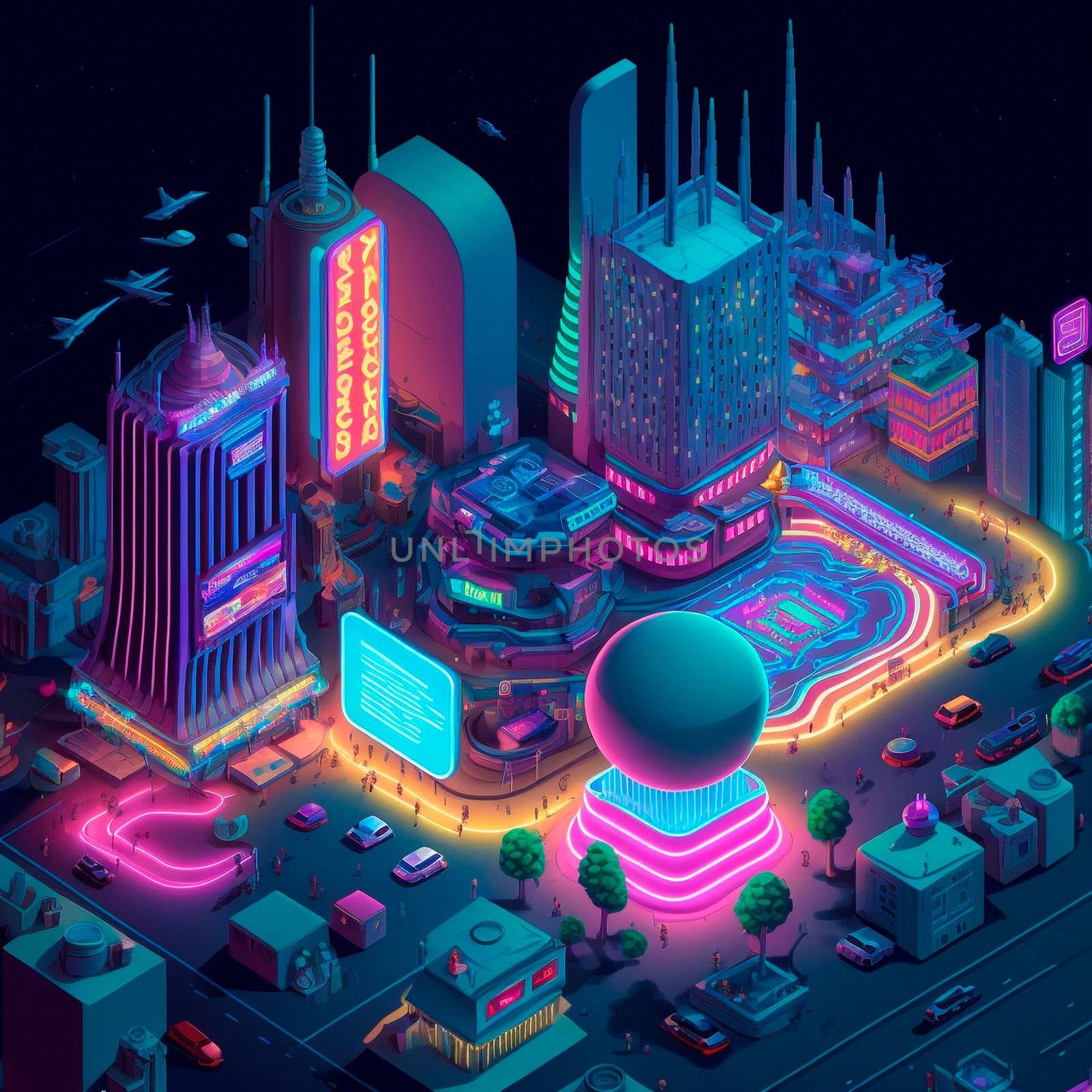 Life in the neon city at night. Bright lights, cars, cafes. Backlight, neon, isometry. High quality illustration