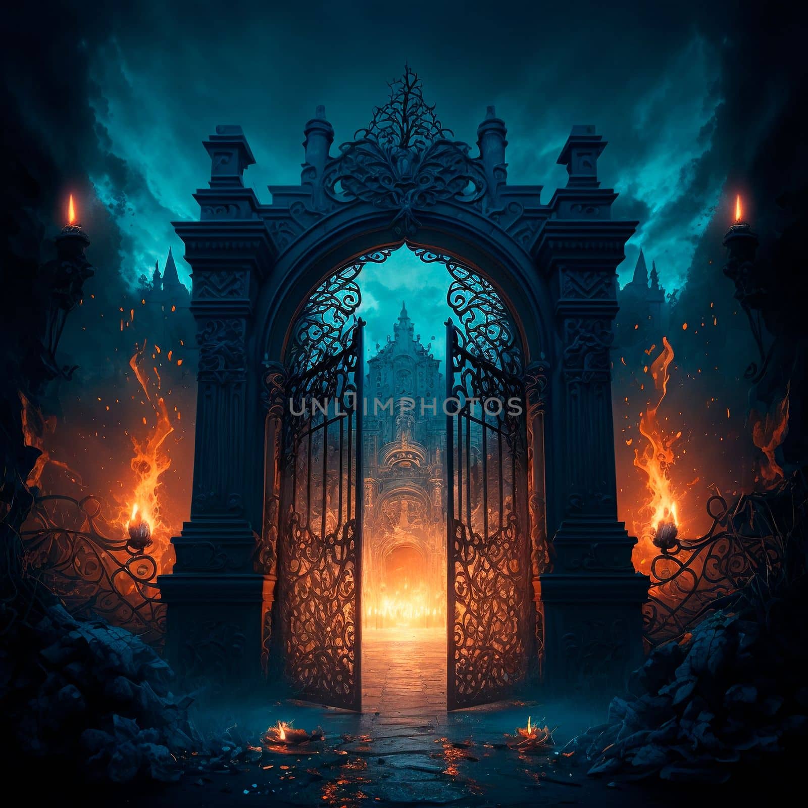 Scary Gothic gates in the style of fantasy. High quality illustration