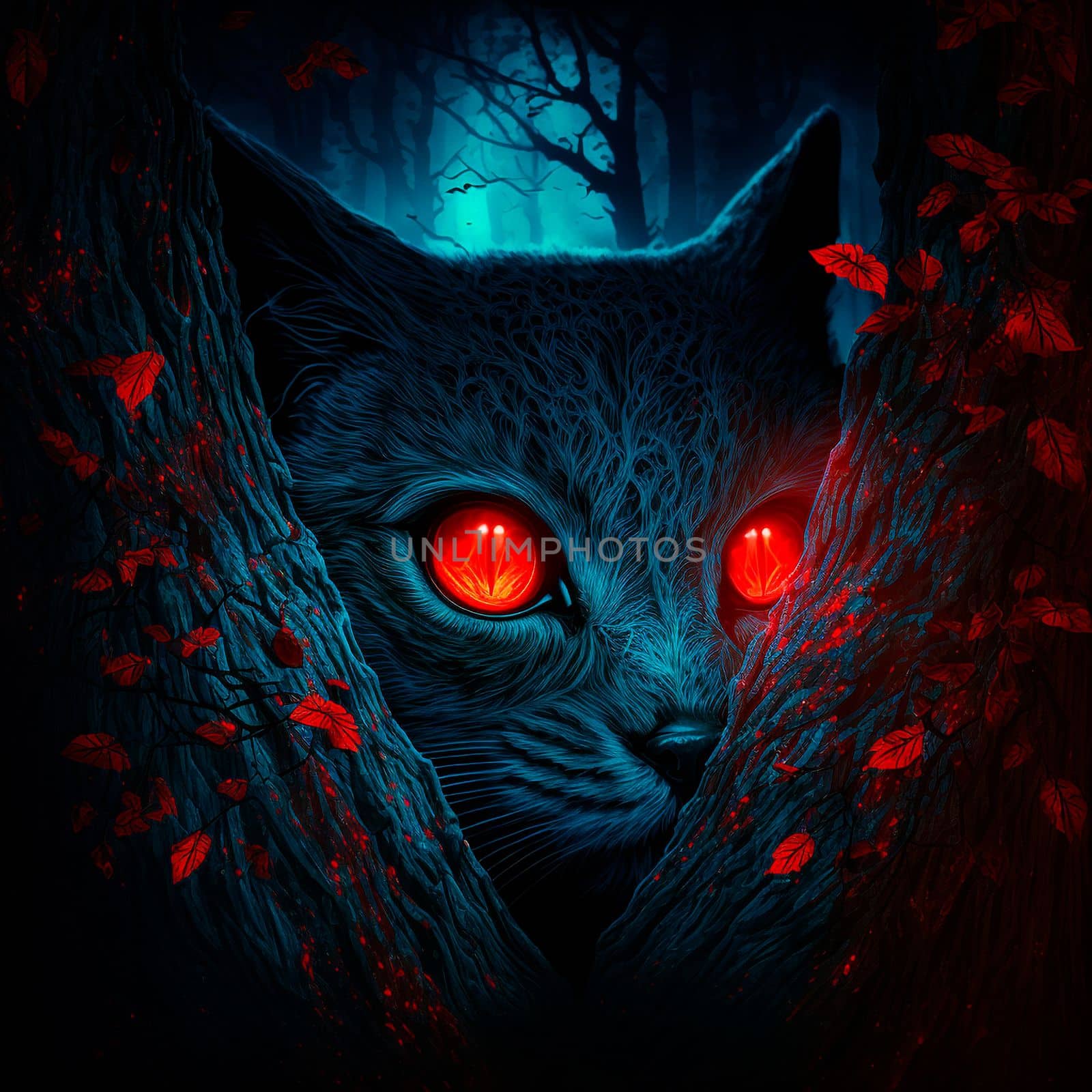 A cat with red eyes in a dark forest by NeuroSky