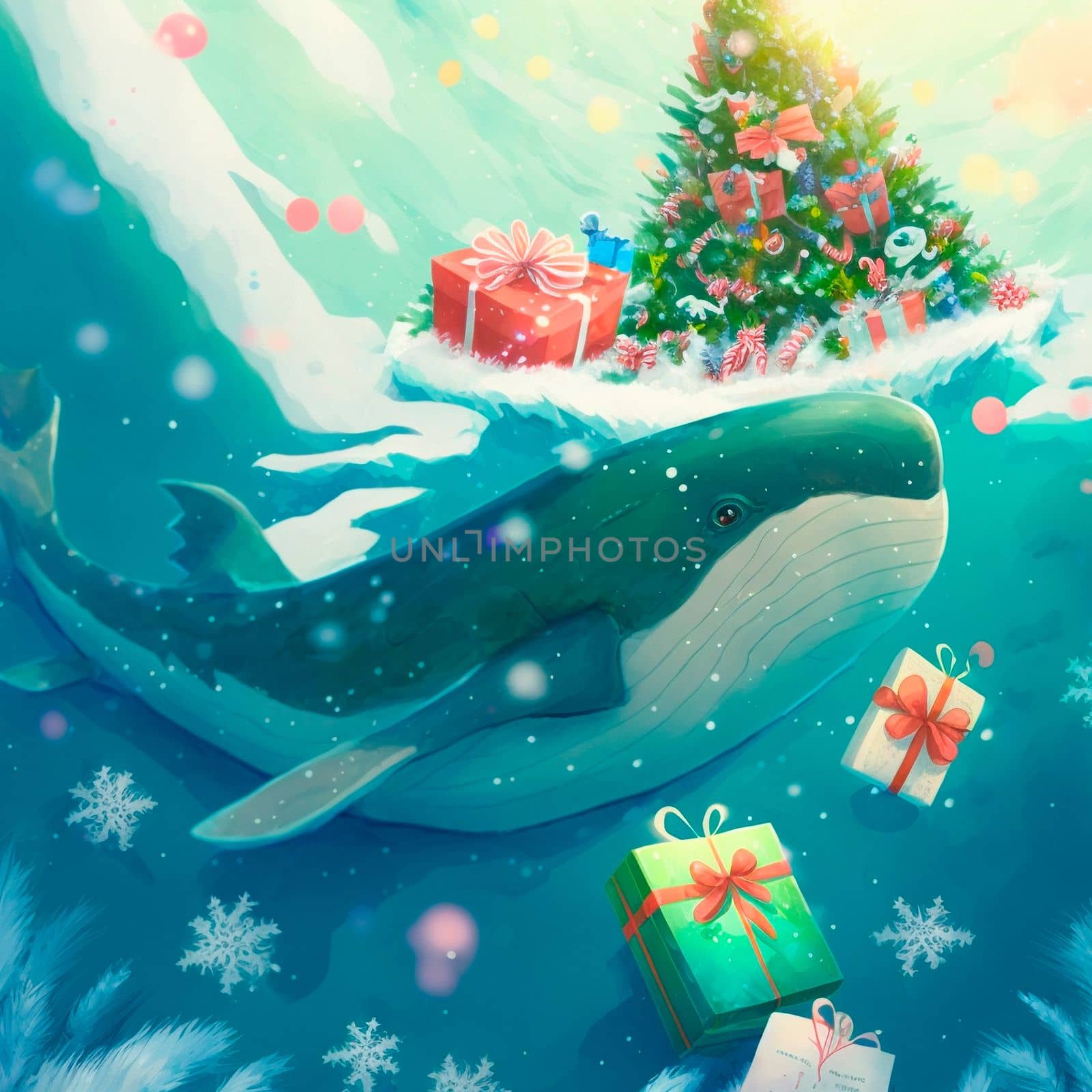 Christmas whales with gifts. High quality illustration