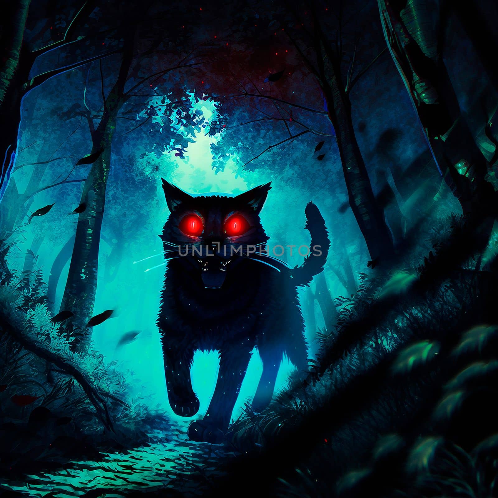 A cat with red eyes in a dark forest by NeuroSky