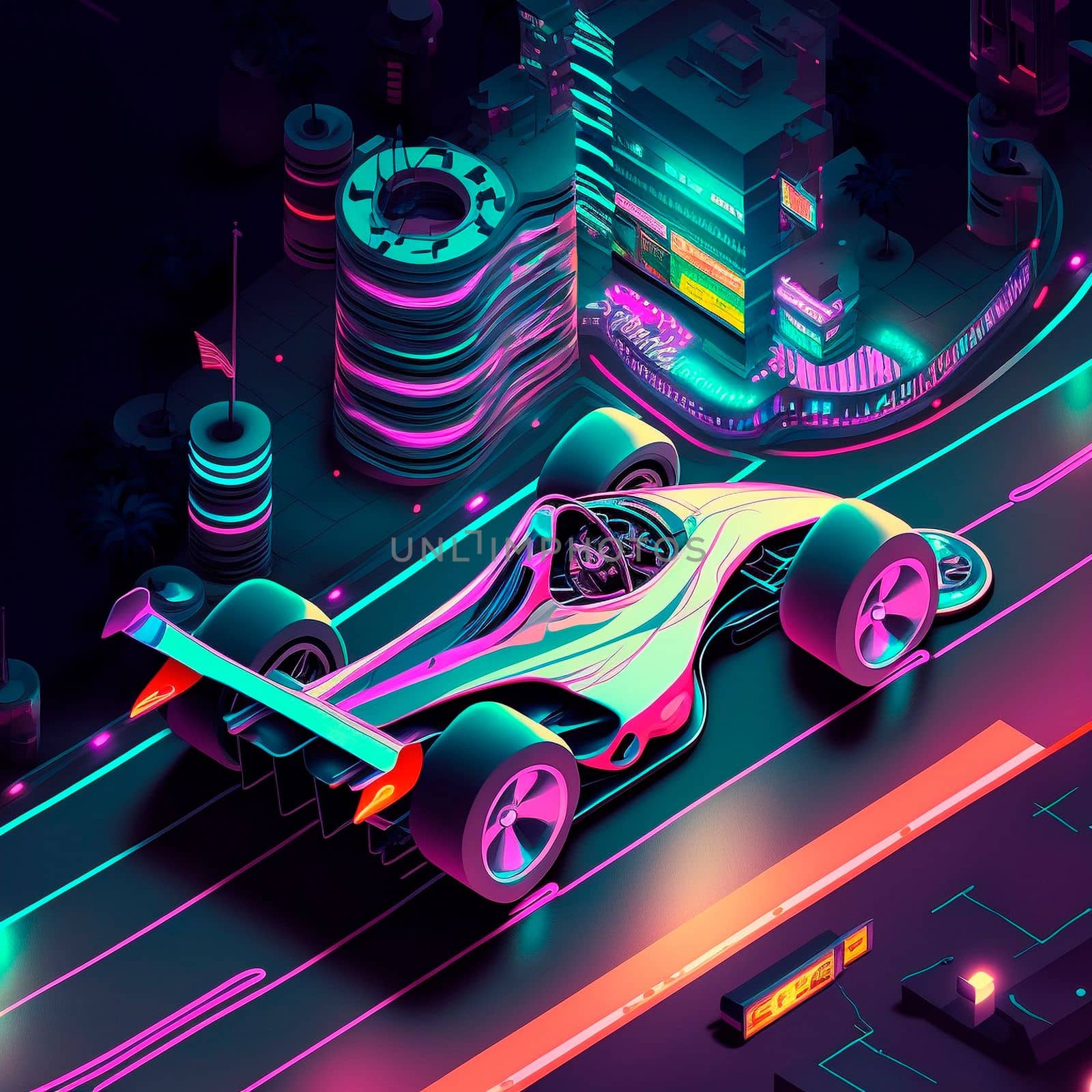 Neon racing car of the future rushes along the roads of the night city. Backlight, neon, isometry. High quality illustration