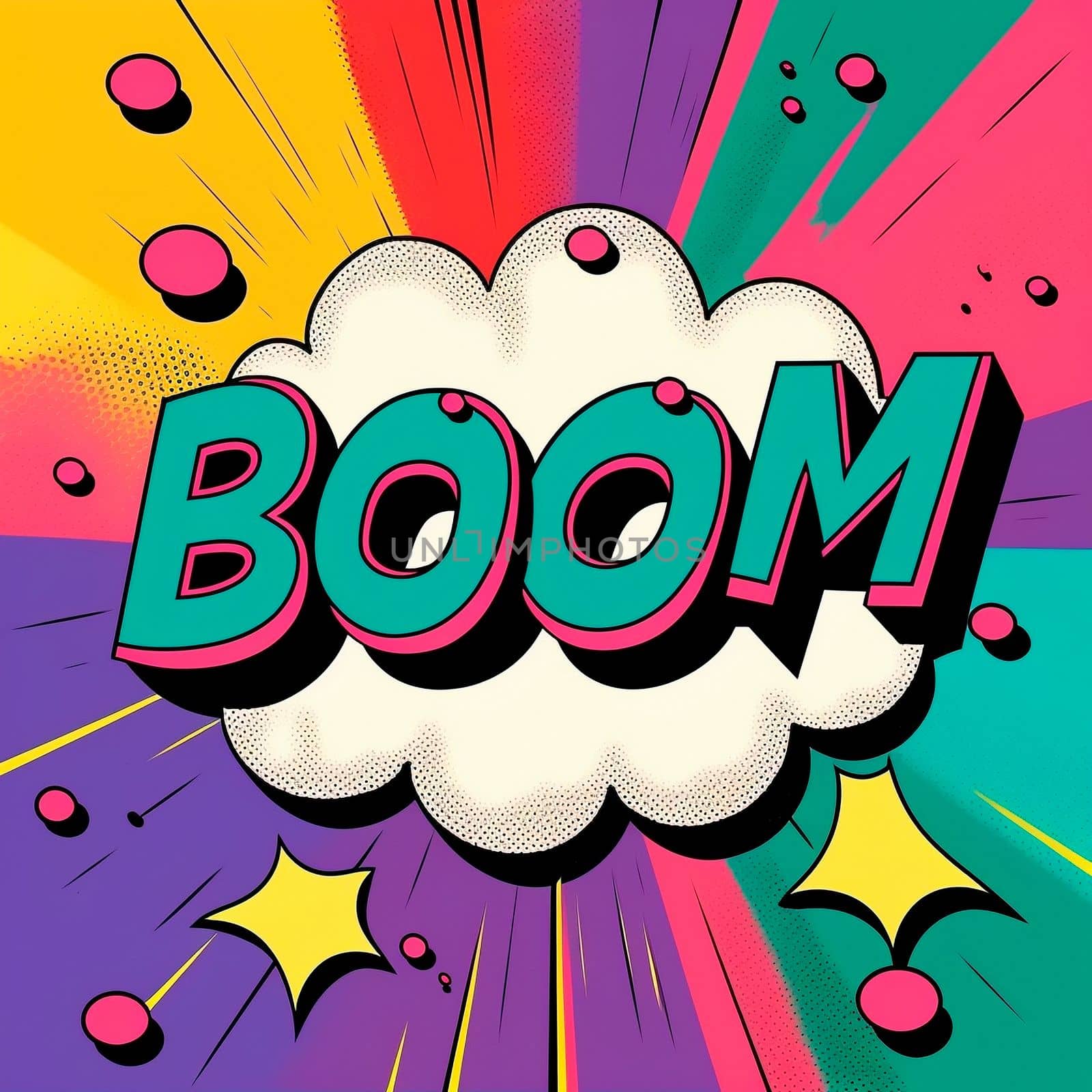 Cartoon sign of burst clouds with the word Boom. High quality photo