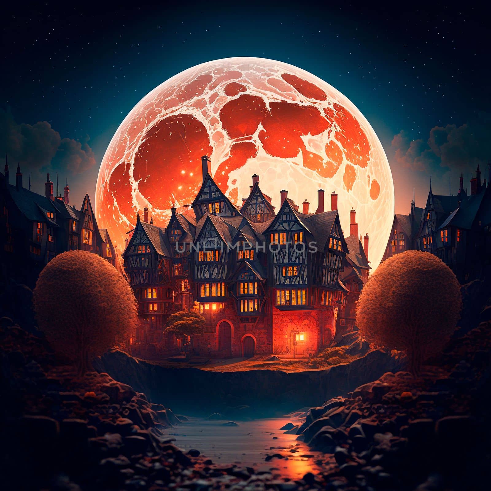 A cartoon image of a fantasy town against the background of a huge red moon. High quality photo