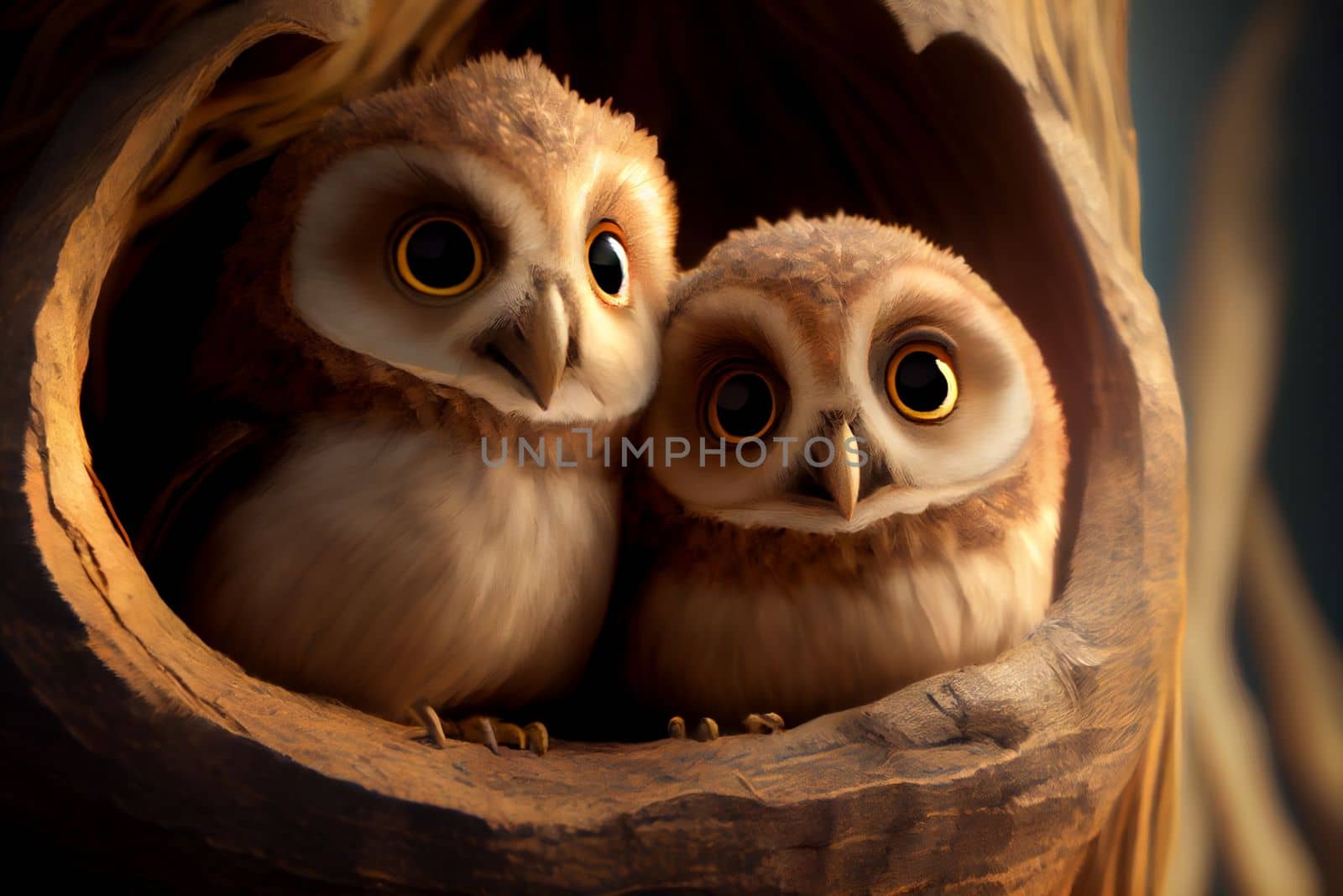 Two cute owlets couple sitting next to each other in 6k