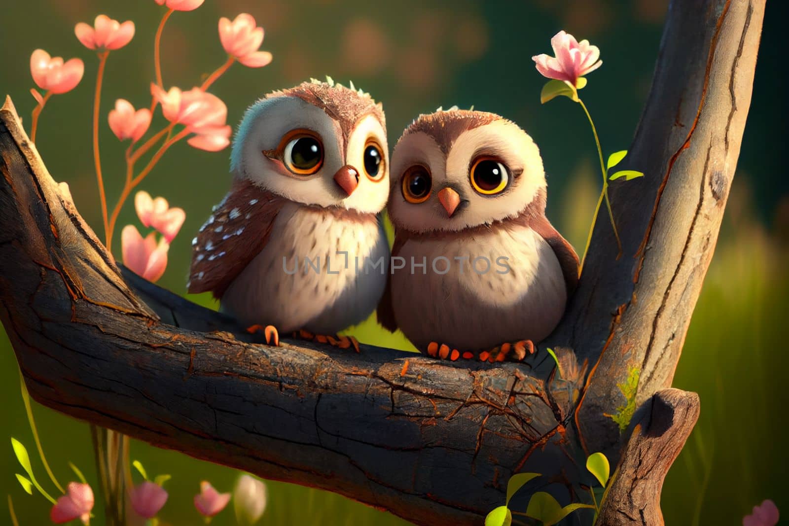 Two cute owlets couple sitting next to each other by studiodav