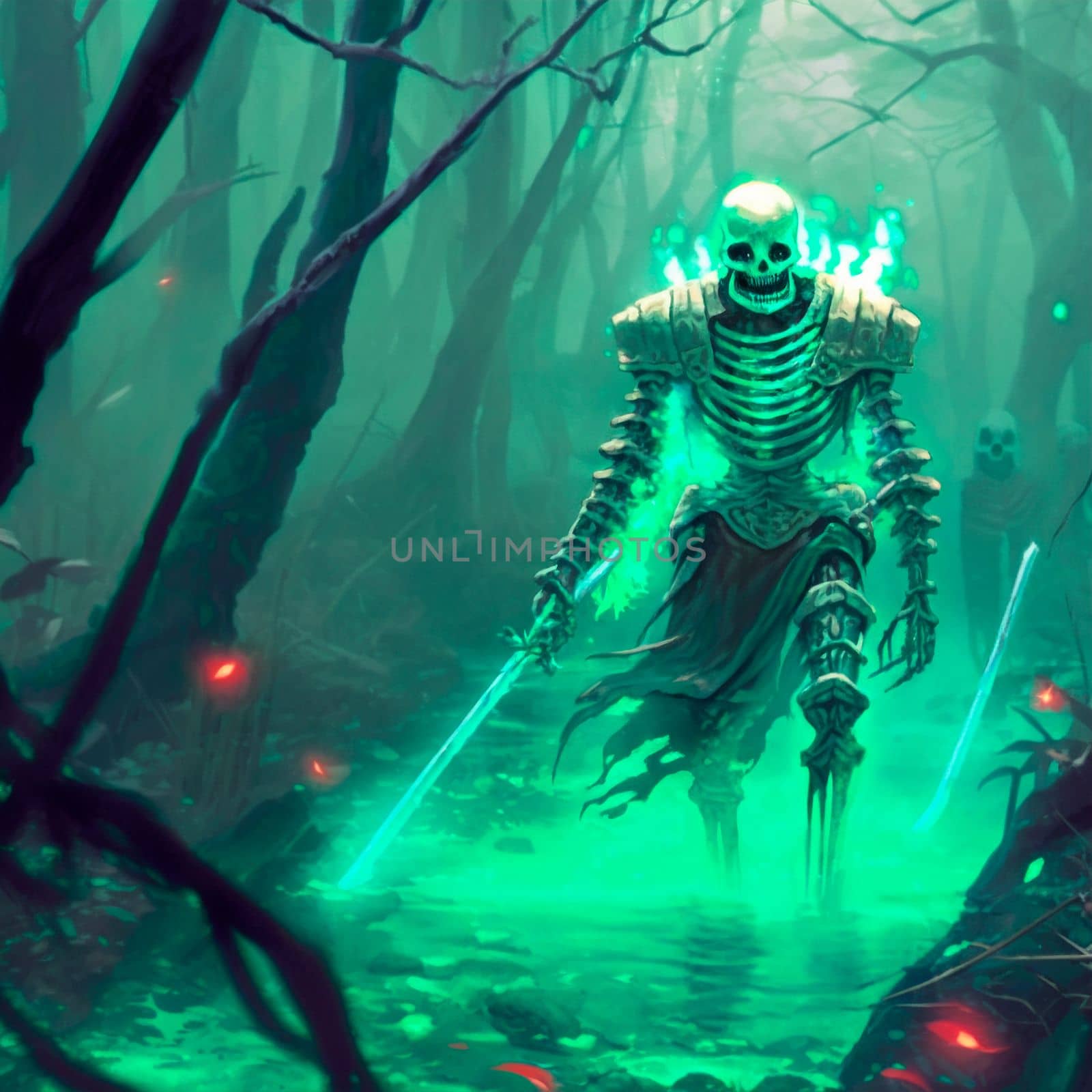 Skeleton warrior rises from the swamp. High quality illustration