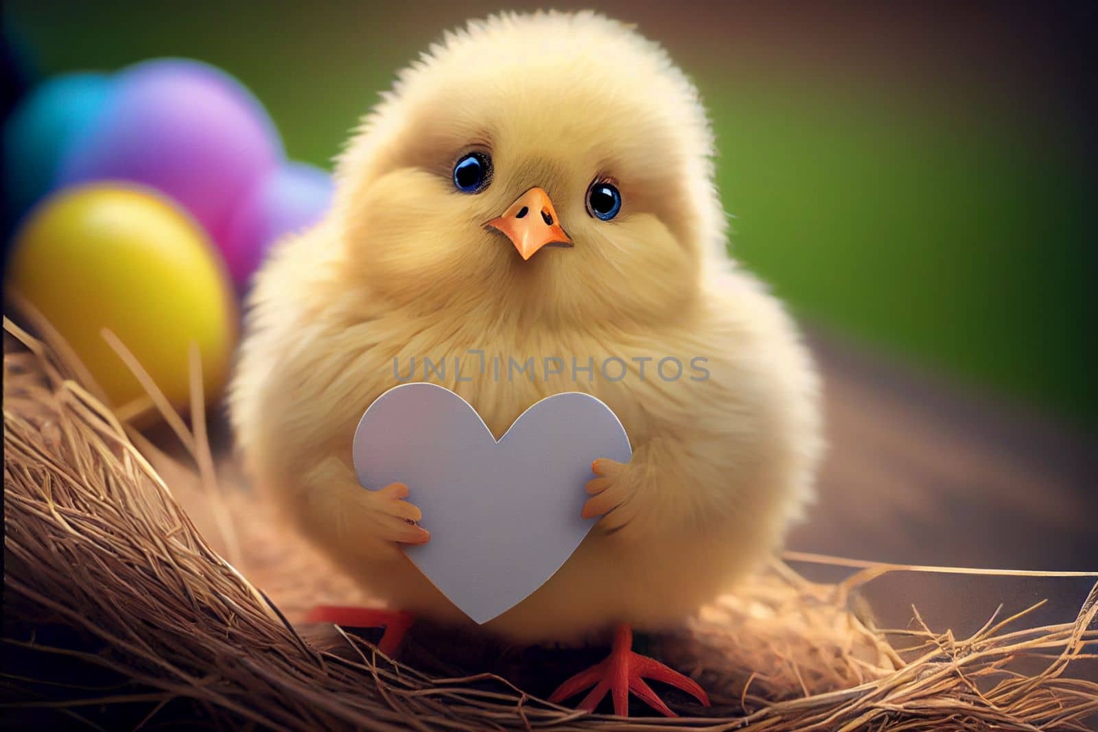 Cute yellow chick near easter eggs in 6k