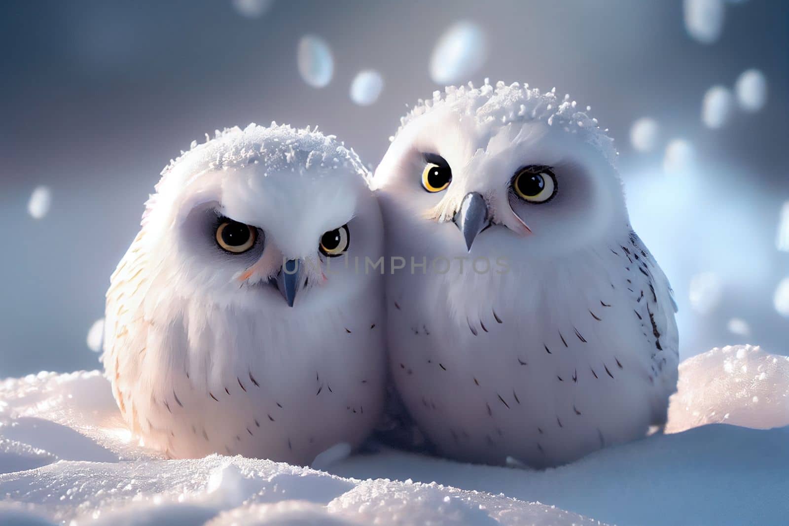 Two cute owlets couple sitting next to each other by studiodav