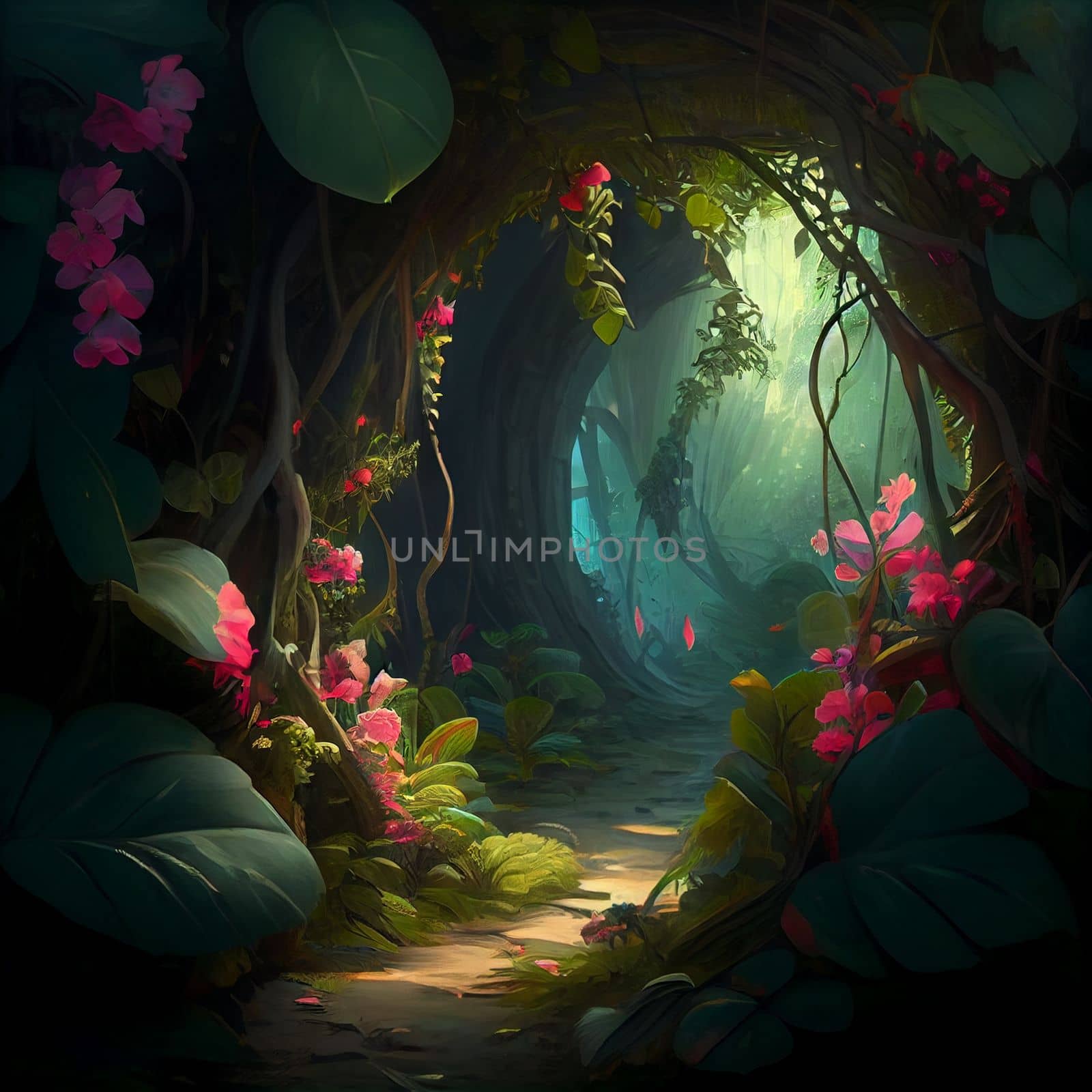 Corridor with an arch overgrown with flowers and tropical plants in the jungle in 5k
