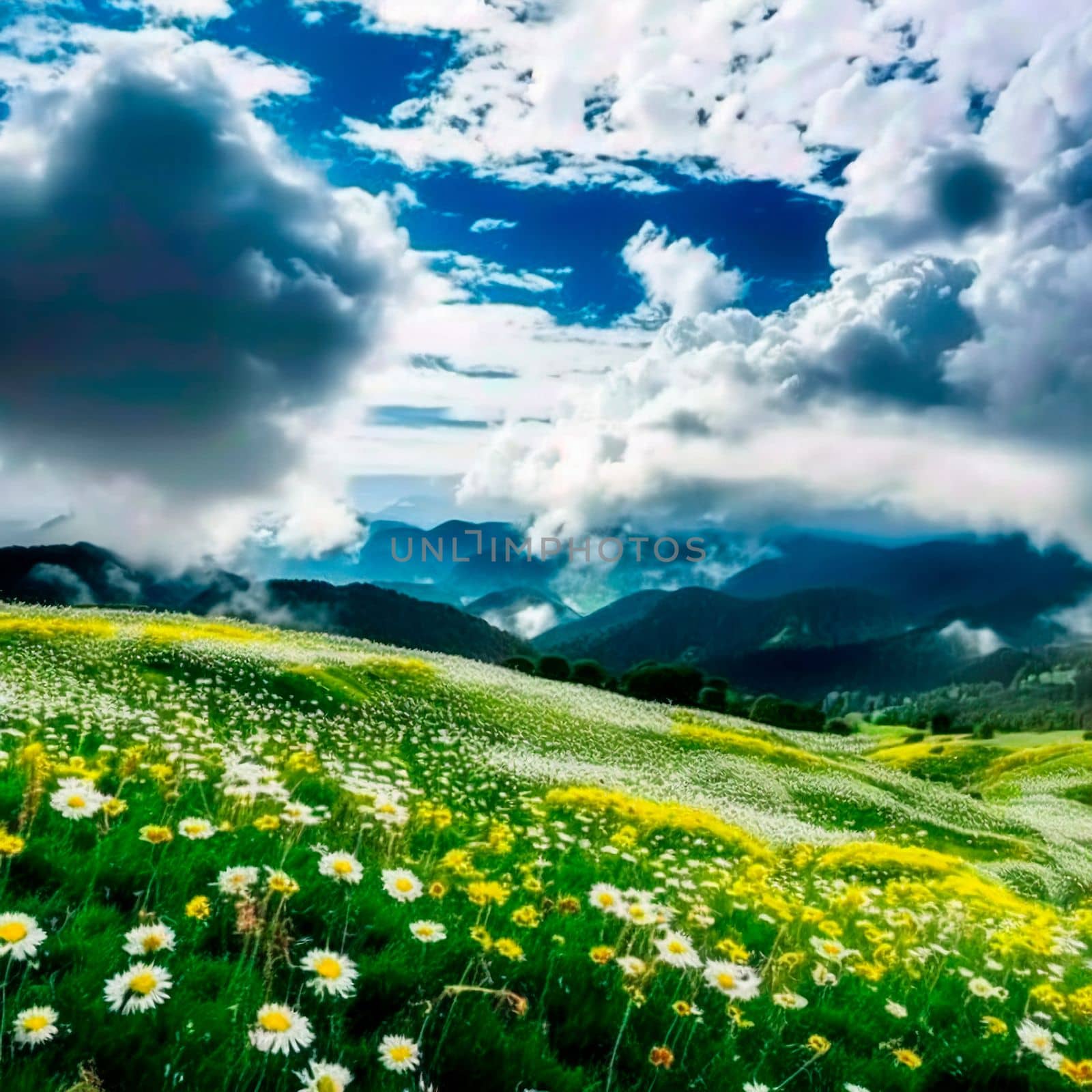 Chamomile field in the mountains. High quality illustration