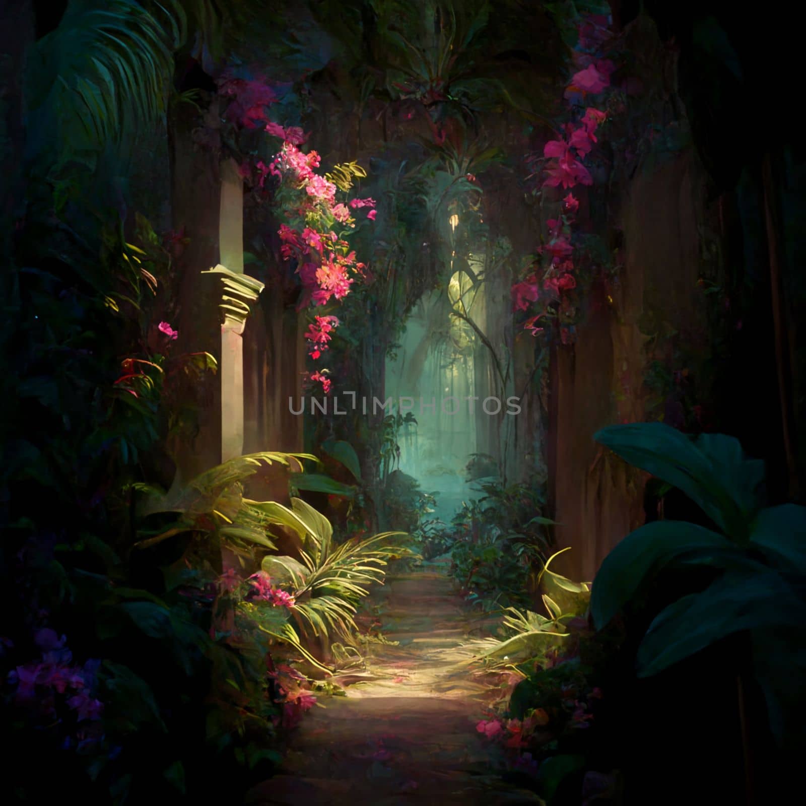 Corridor with an arch overgrown with flowers and tropical plants in the jungle in 5k