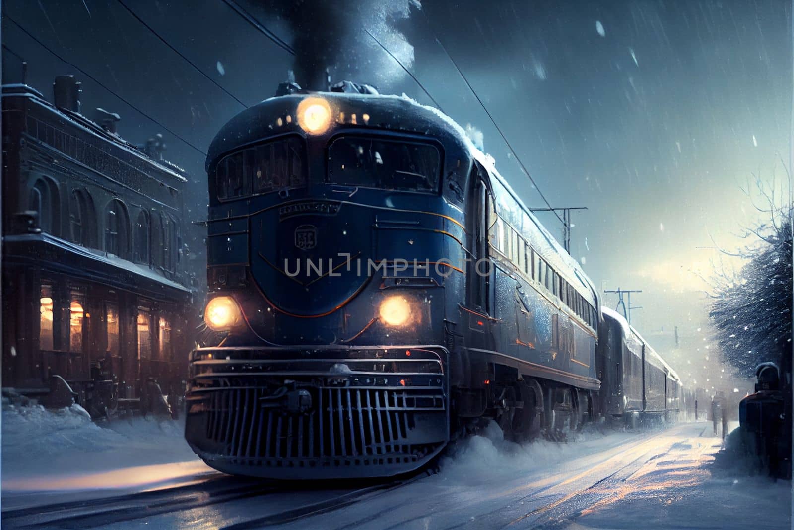 polar express train rides through the snowy city along residential buildings by studiodav