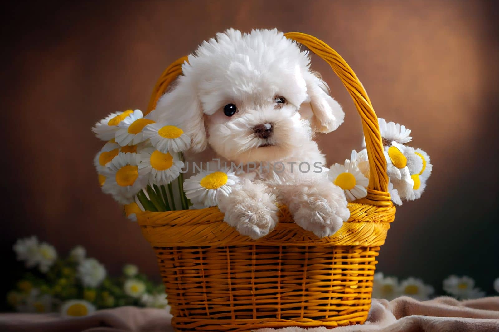 cute white dog in a wicker basket with daisies in 6k
