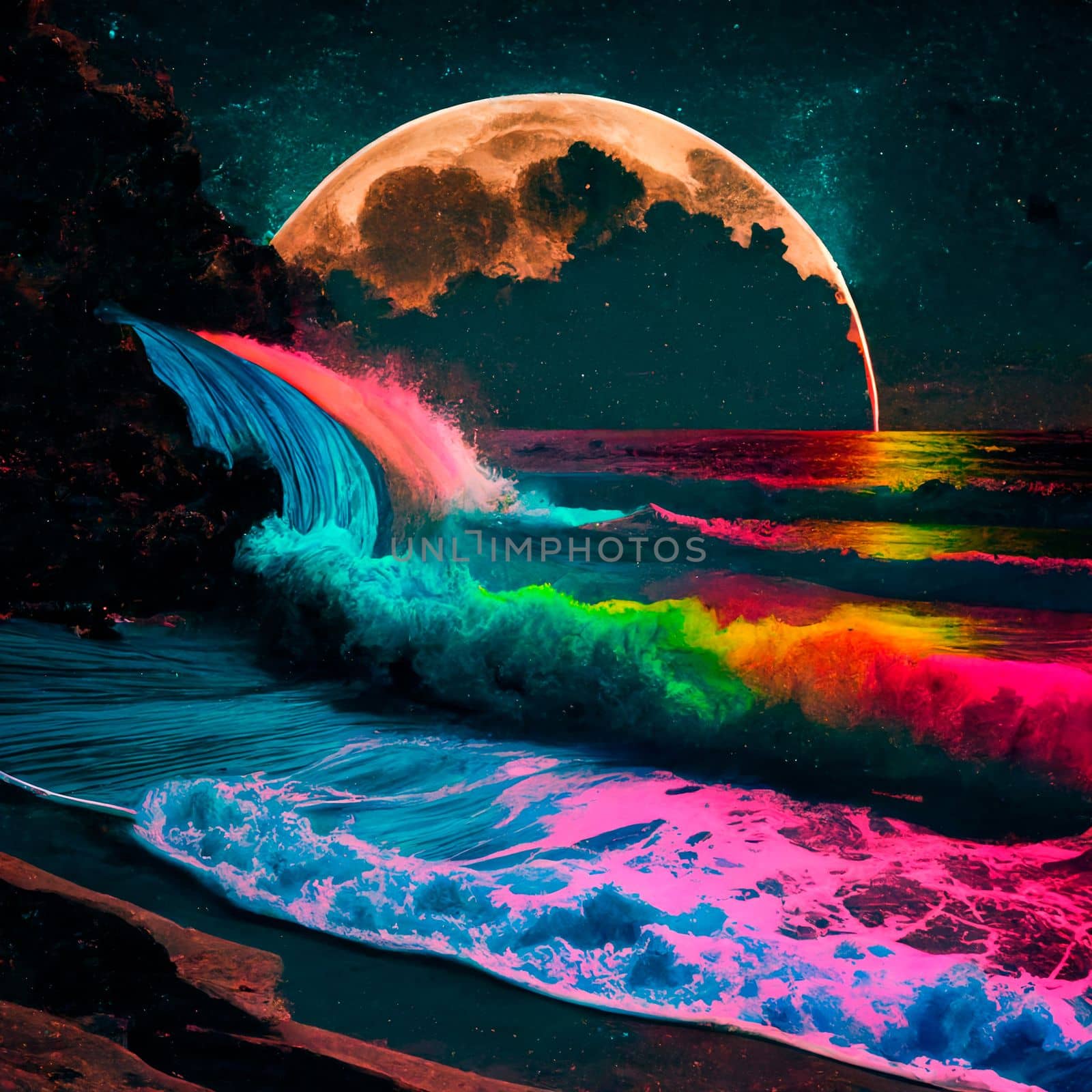 night beach with beautiful iridescent waves of different colors. High quality illustration