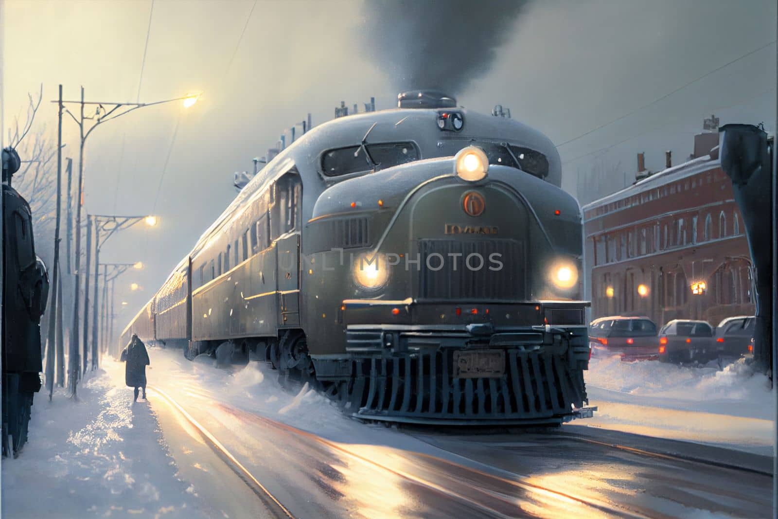 polar express train rides through the snowy city along residential buildings in 6k