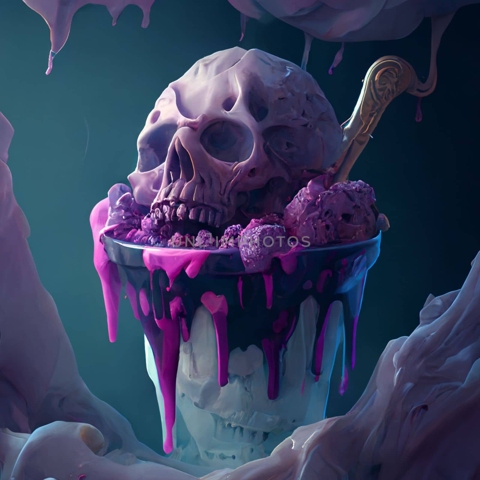 Melting ice cream in the form of a skull with a golden spoon in 5k