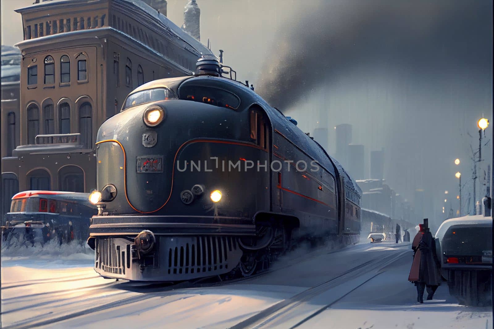 polar express train rides through the snowy city along residential buildings by studiodav