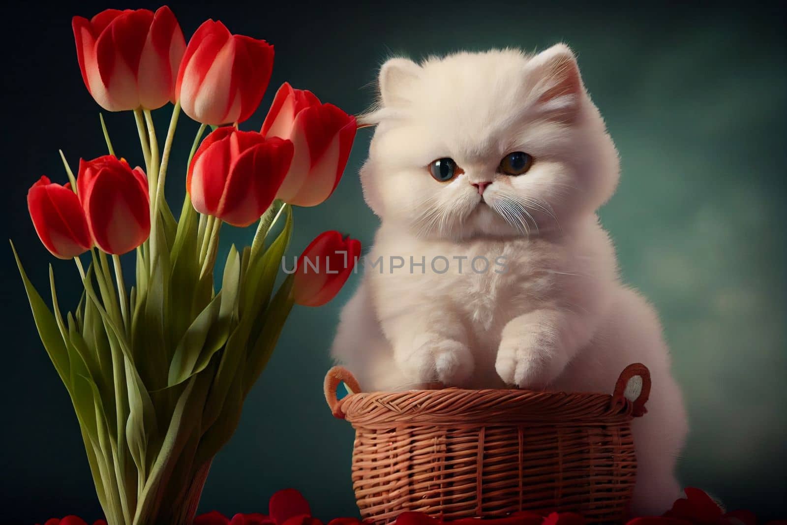 cute white cat in a wicker basket on a background of red tulips in 3k