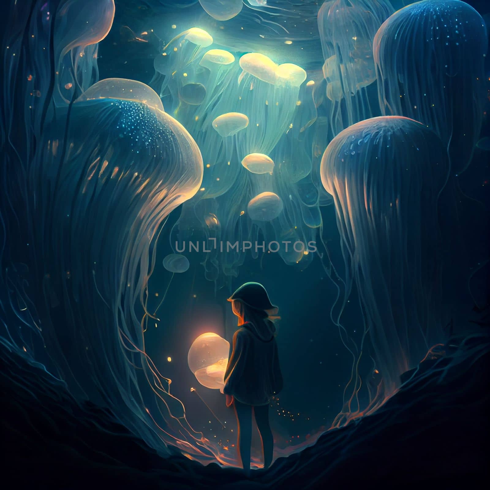 A girl stands around a flying flock of jellyfish by studiodav