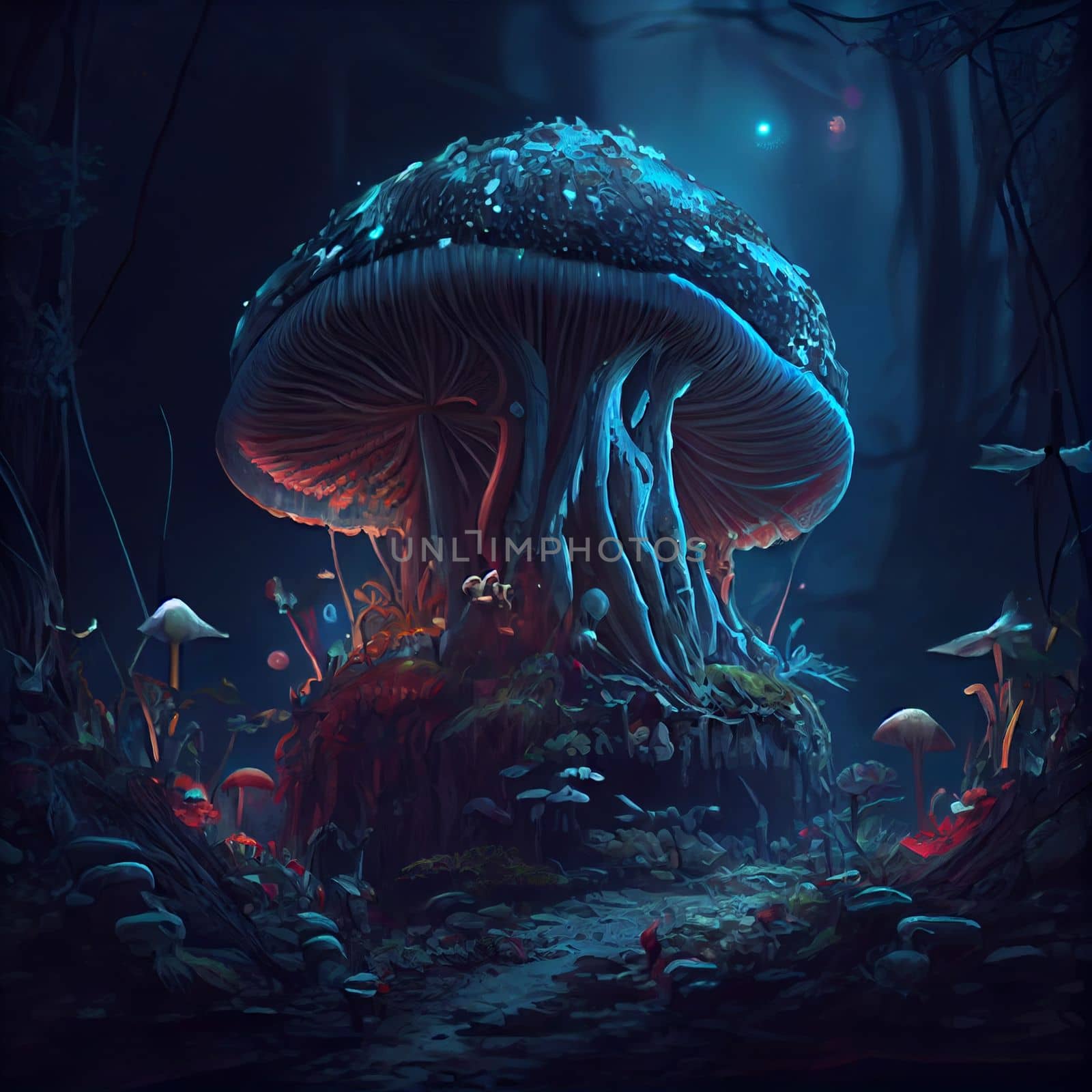 Fantasy forest with highly gigantic luminous mushroom trees in 5k