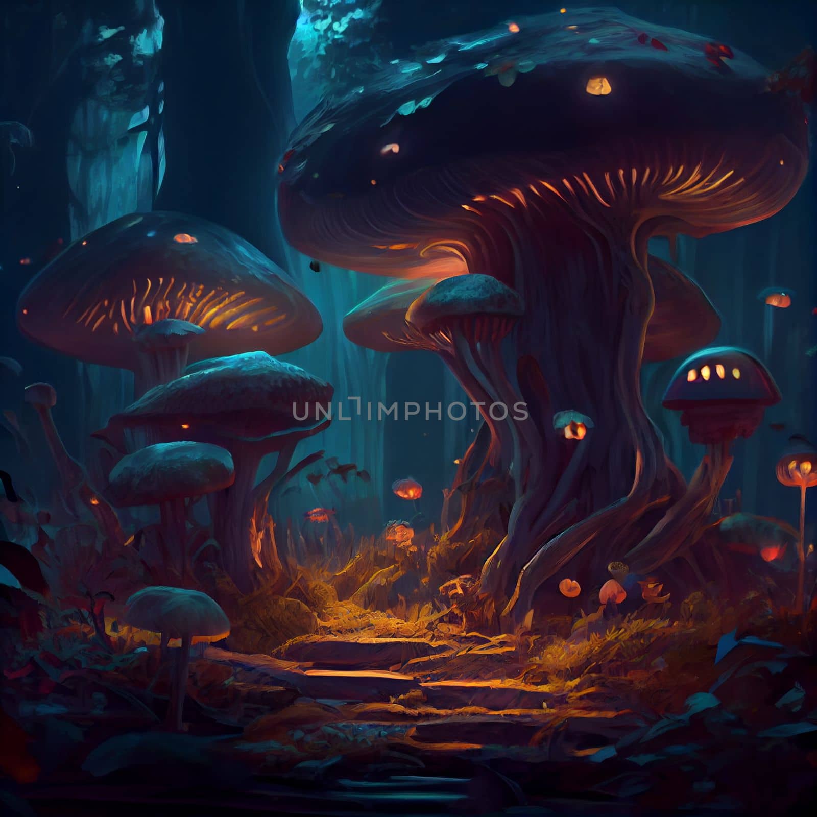 Fantasy forest with highly gigantic luminous mushroom trees by studiodav