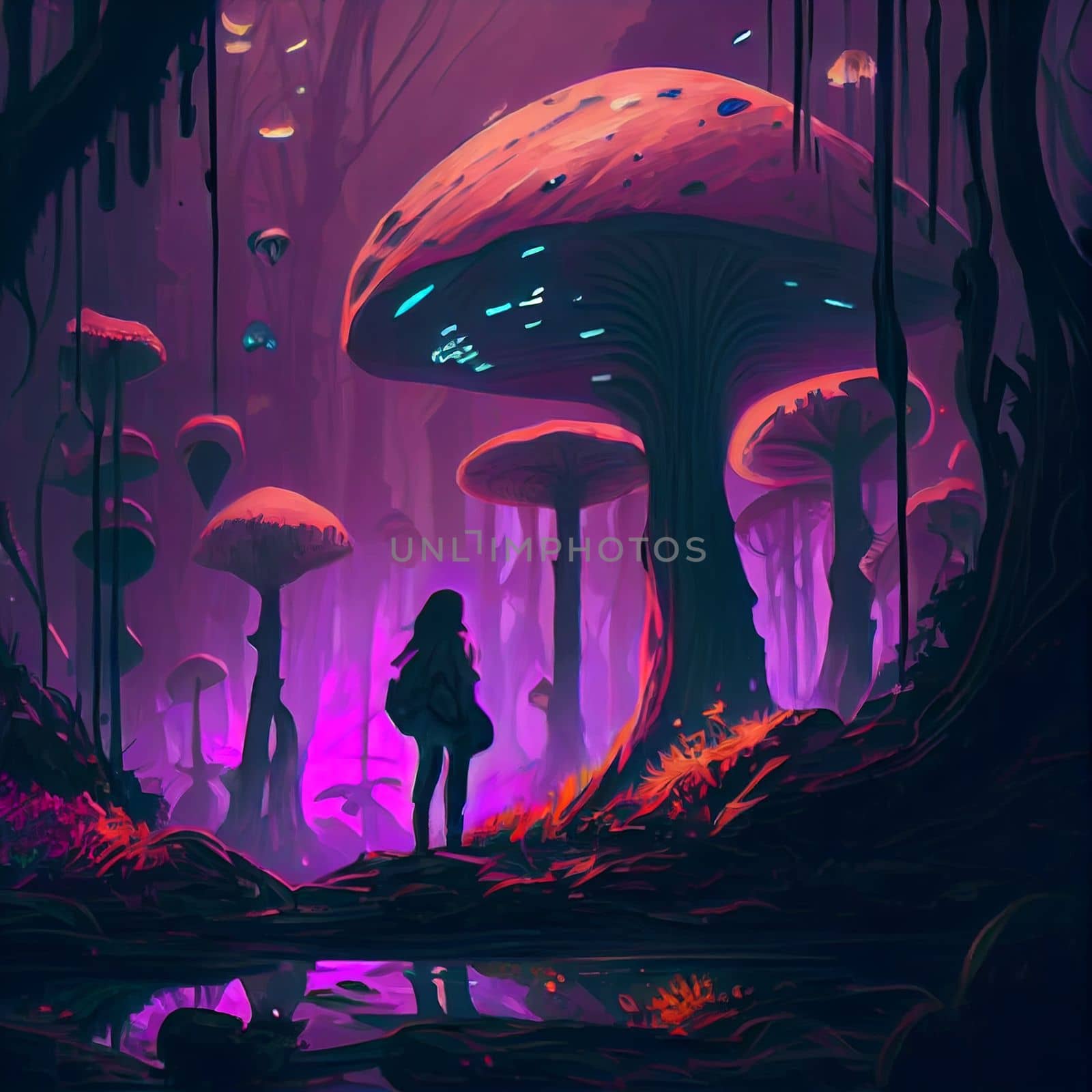 The girl stands against the backdrop of a fantastic forest with giant luminous mushroom trees. by studiodav