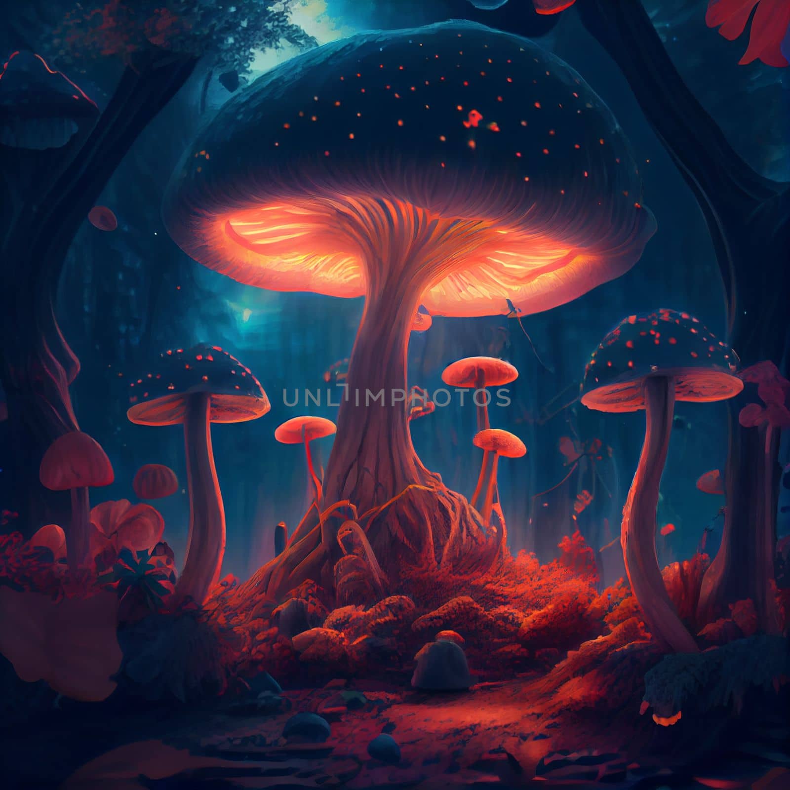 Fantasy forest with highly gigantic luminous mushroom trees by studiodav
