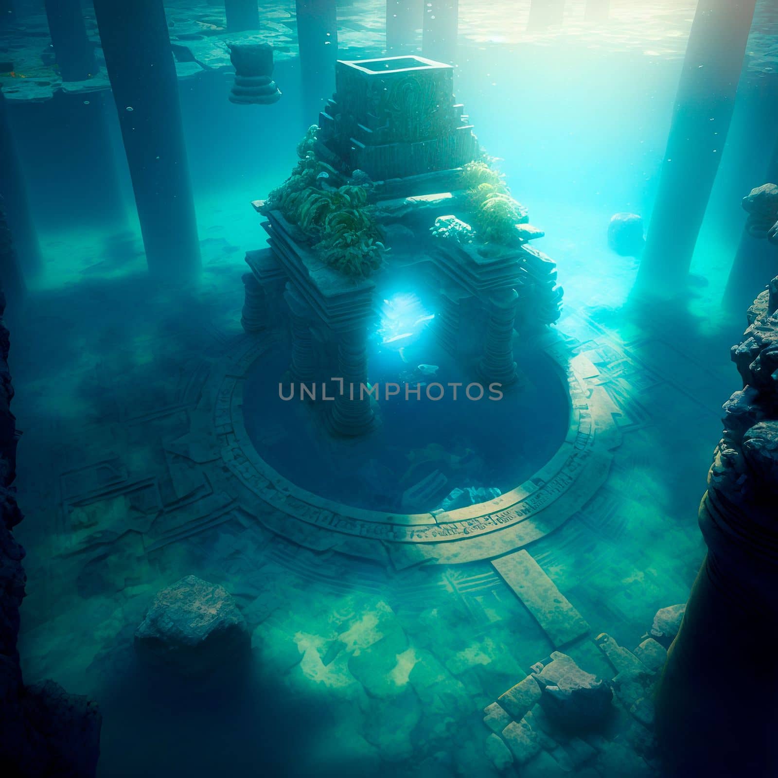 Underwater lost city. Atlantis and its ruins. High quality illustration