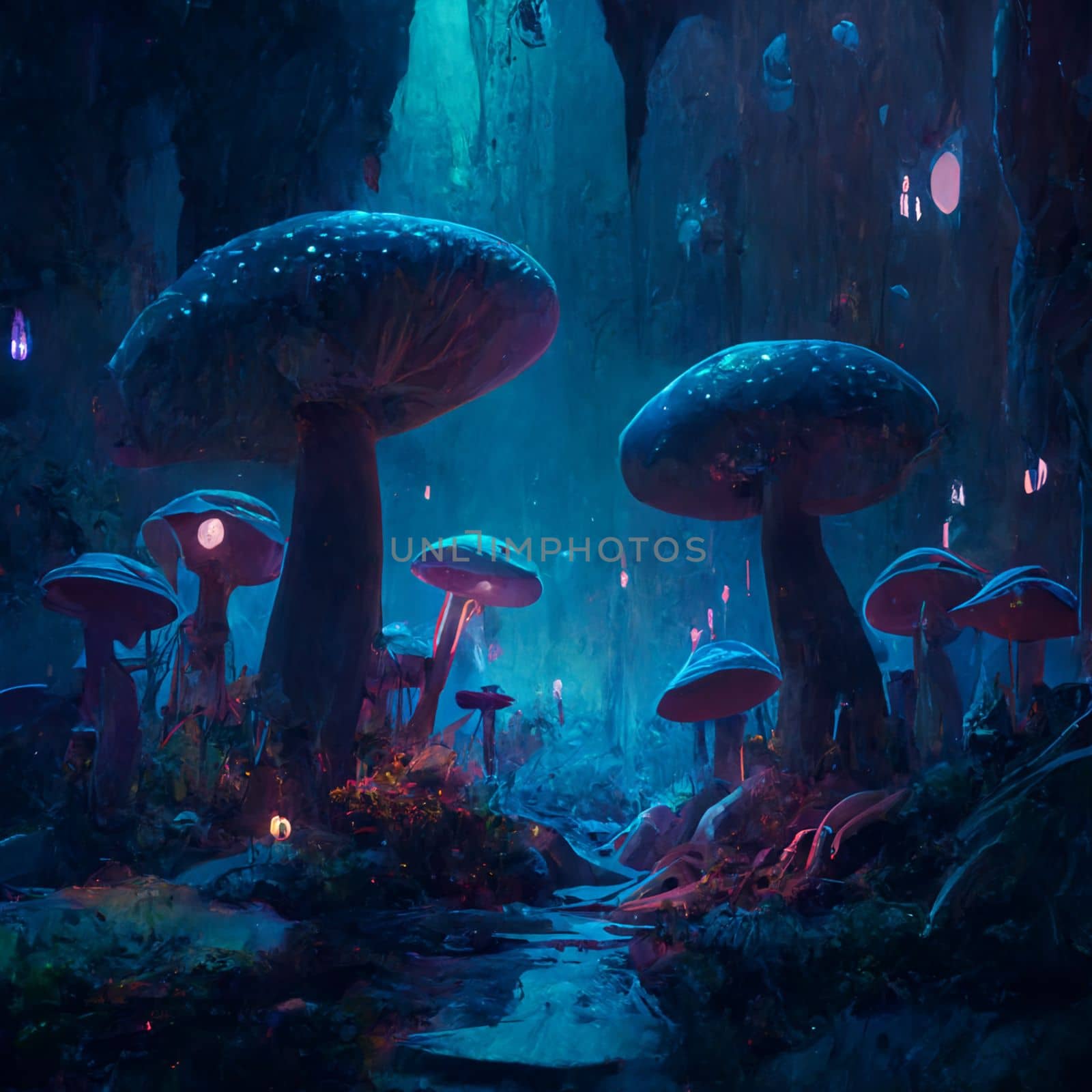 Fantasy forest with highly gigantic luminous mushroom trees in 5k