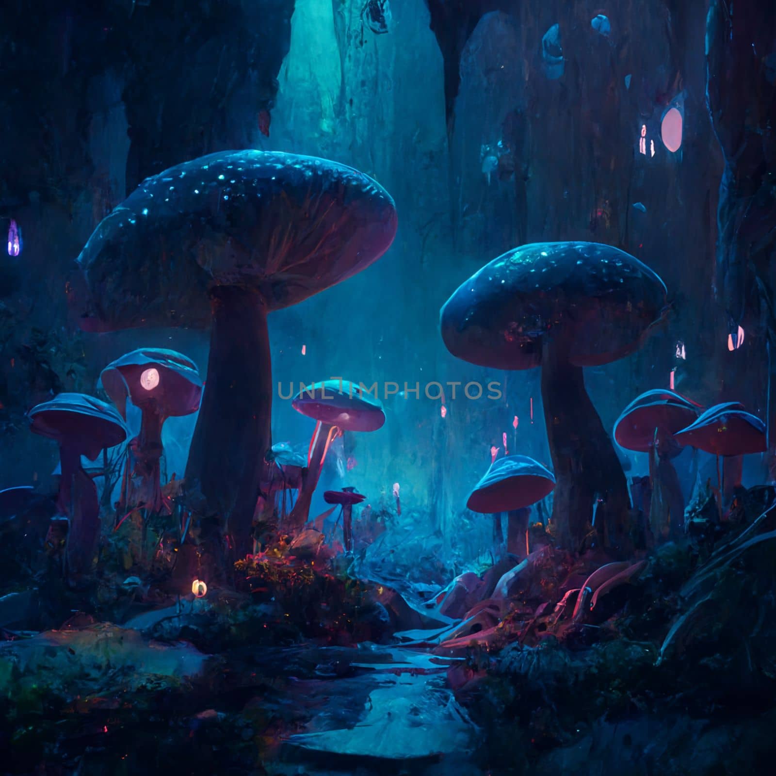 Fantasy forest with highly gigantic luminous mushroom trees by studiodav