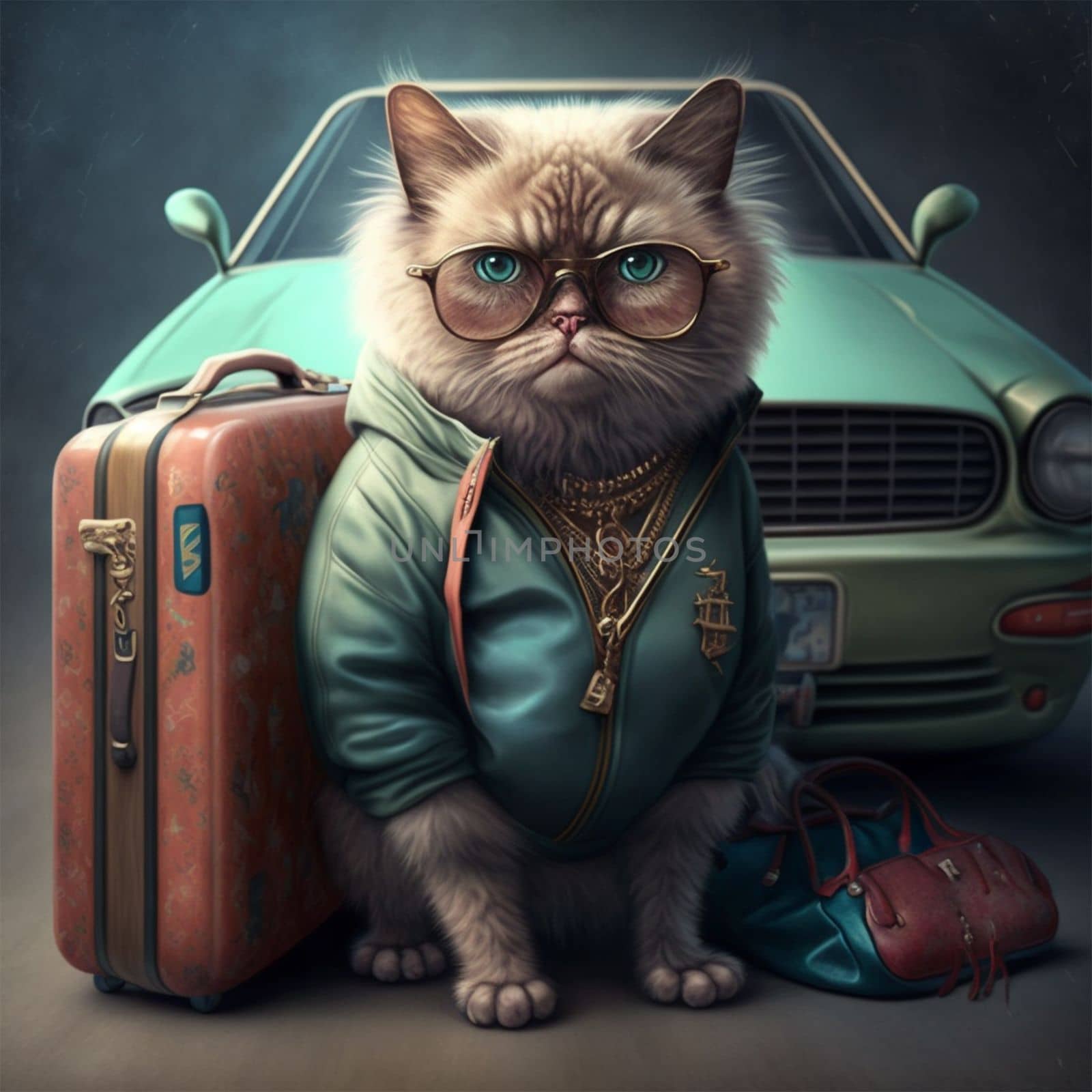 Stylish cat traveler in a sports suit with glasses and a bag on the background of his car in 5k