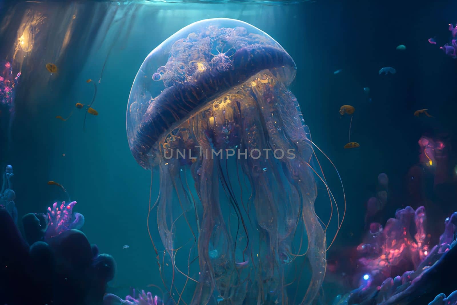 Beautiful neon jellyfish in the underwater world with inner glow in 6k