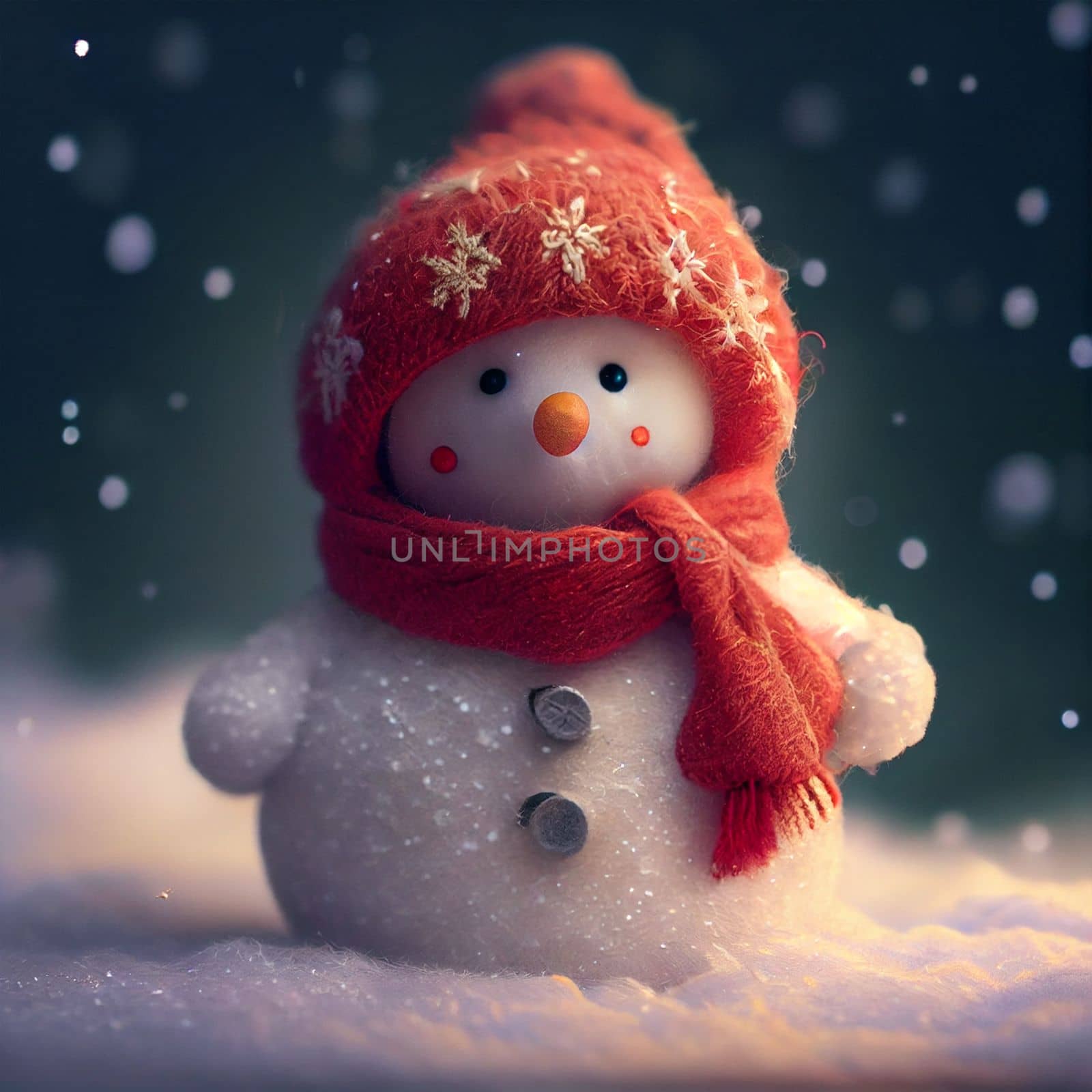 Cute snowman in a red hat and scarf on the snow in 5k