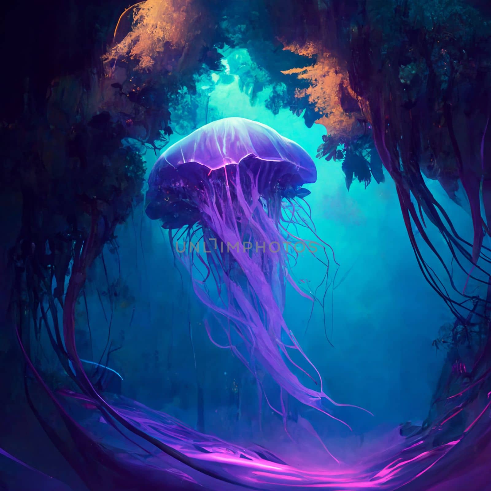 Beautiful jellyfish in the underwater world with inner glow by studiodav
