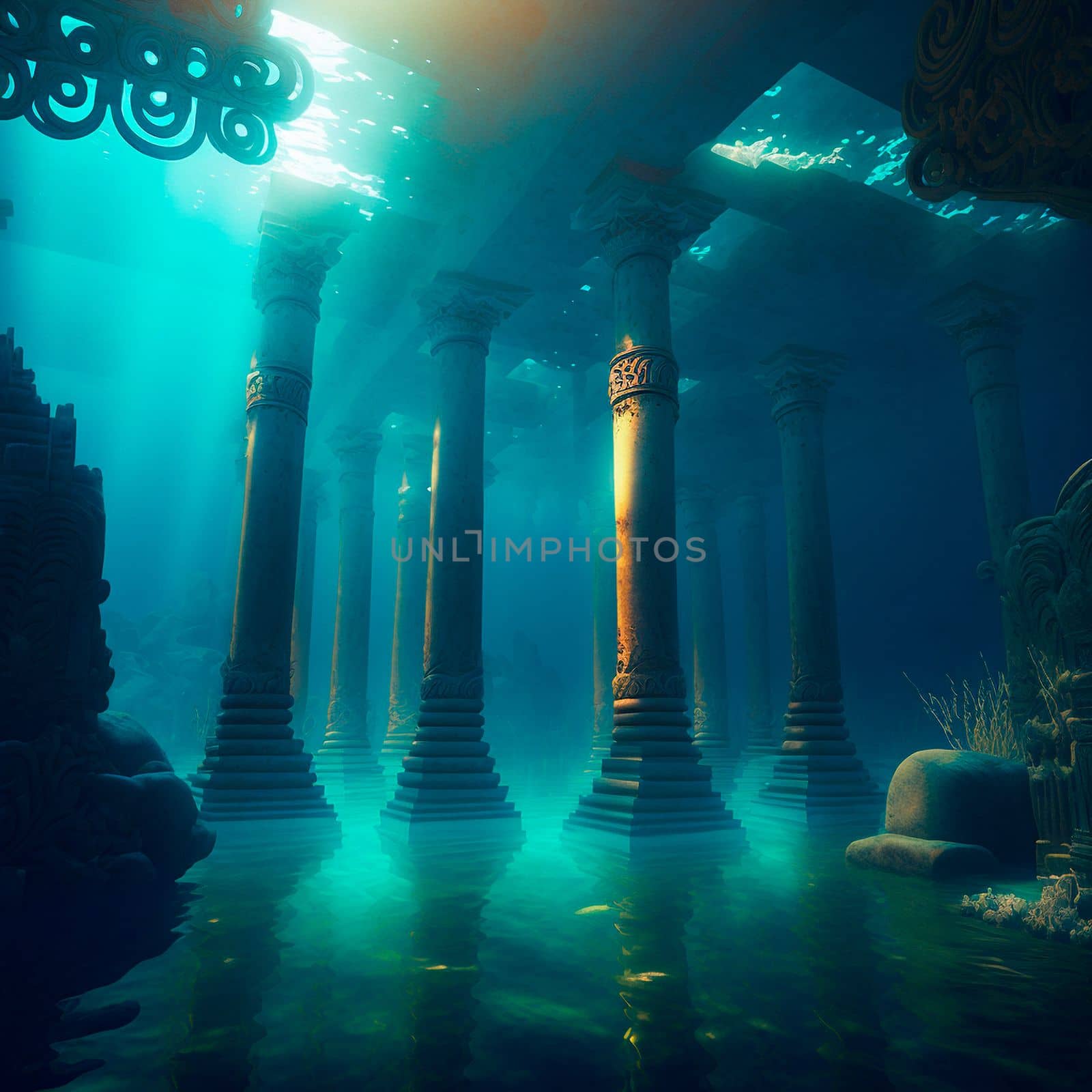 Underwater lost city. Atlantis and its ruins. High quality illustration