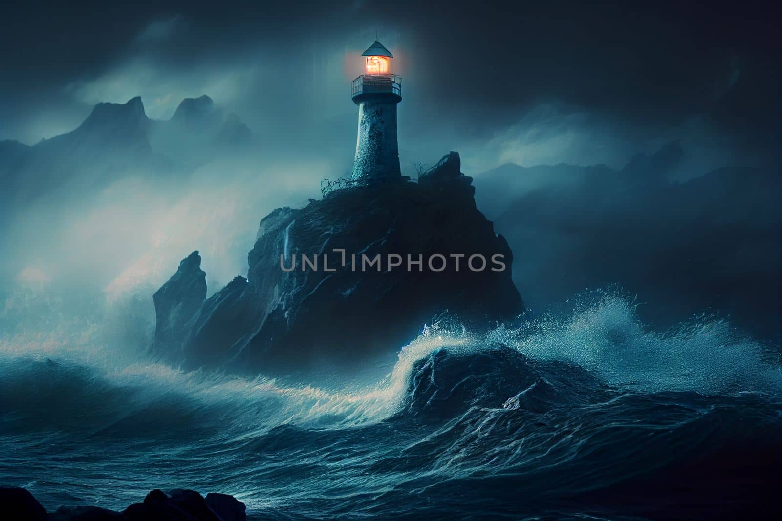 The lighthouse stands on a rock around the storm and the night in 6k