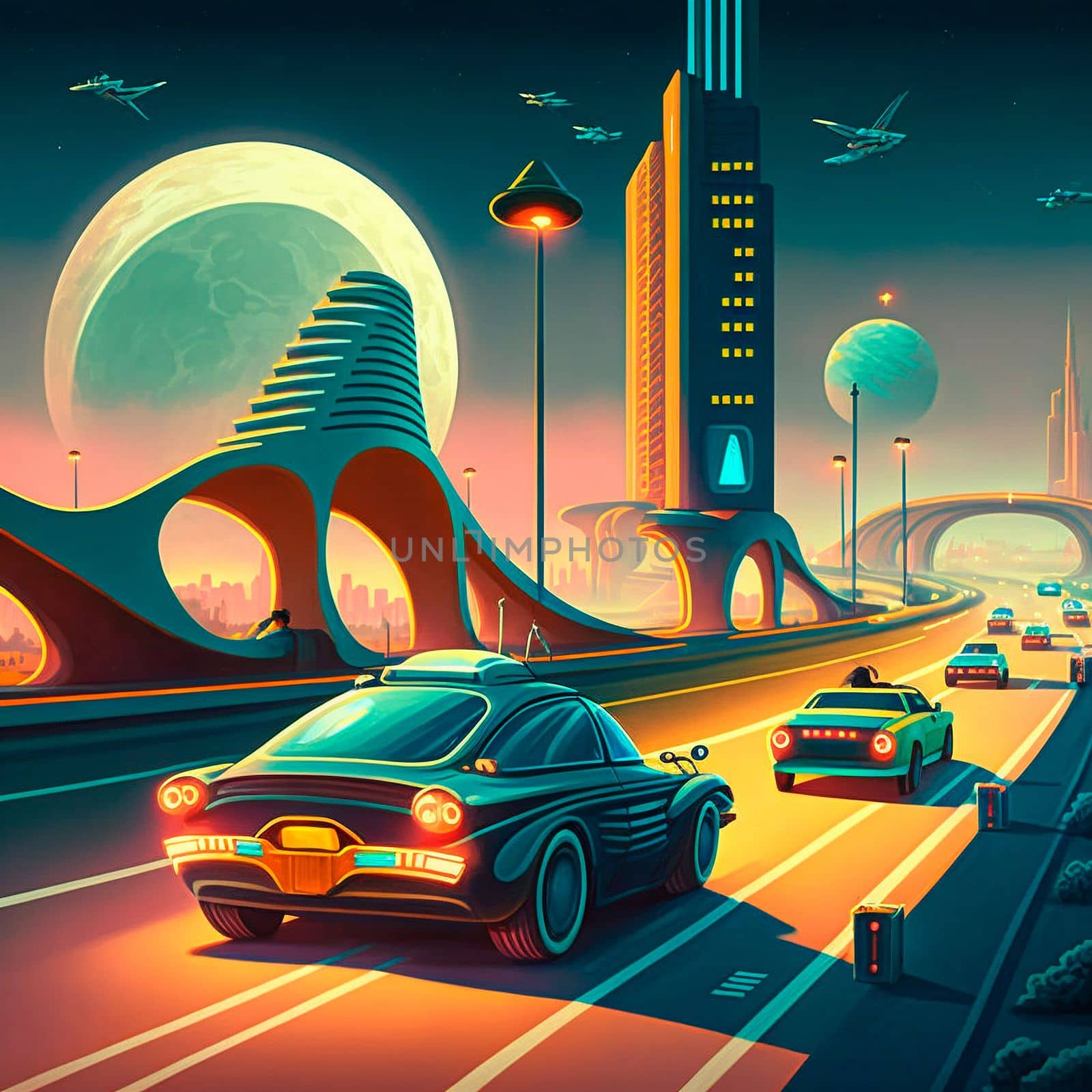 Futuristic city in retro style. Cars are driving on the highway. High quality illustration