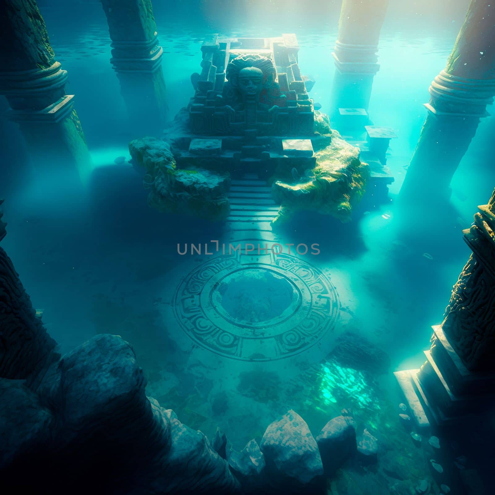 Underwater lost city. Atlantis and its ruins. High quality illustration
