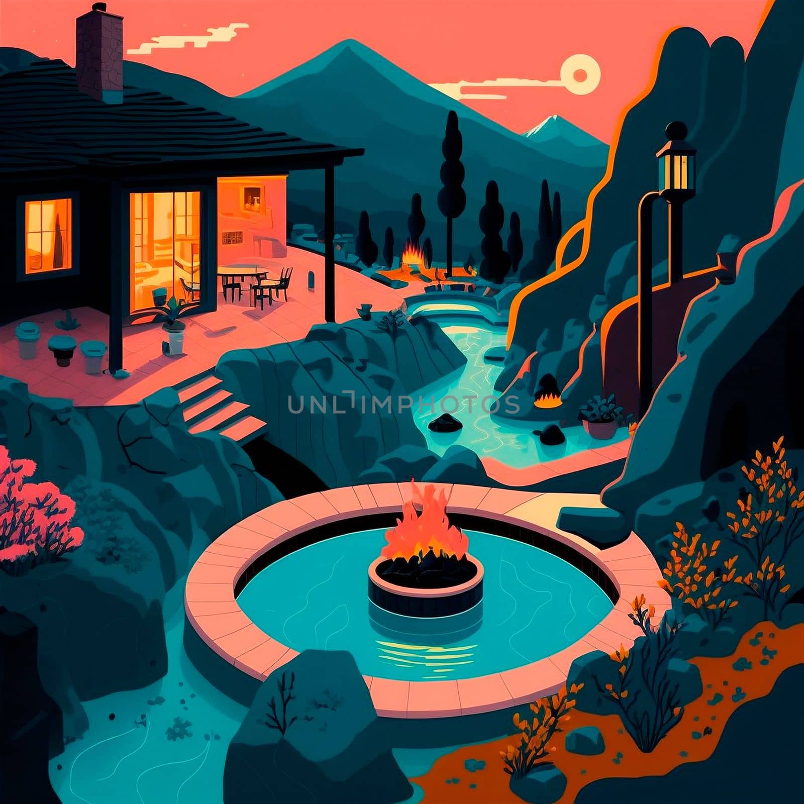 illustration of hot springs in mountain by NeuroSky