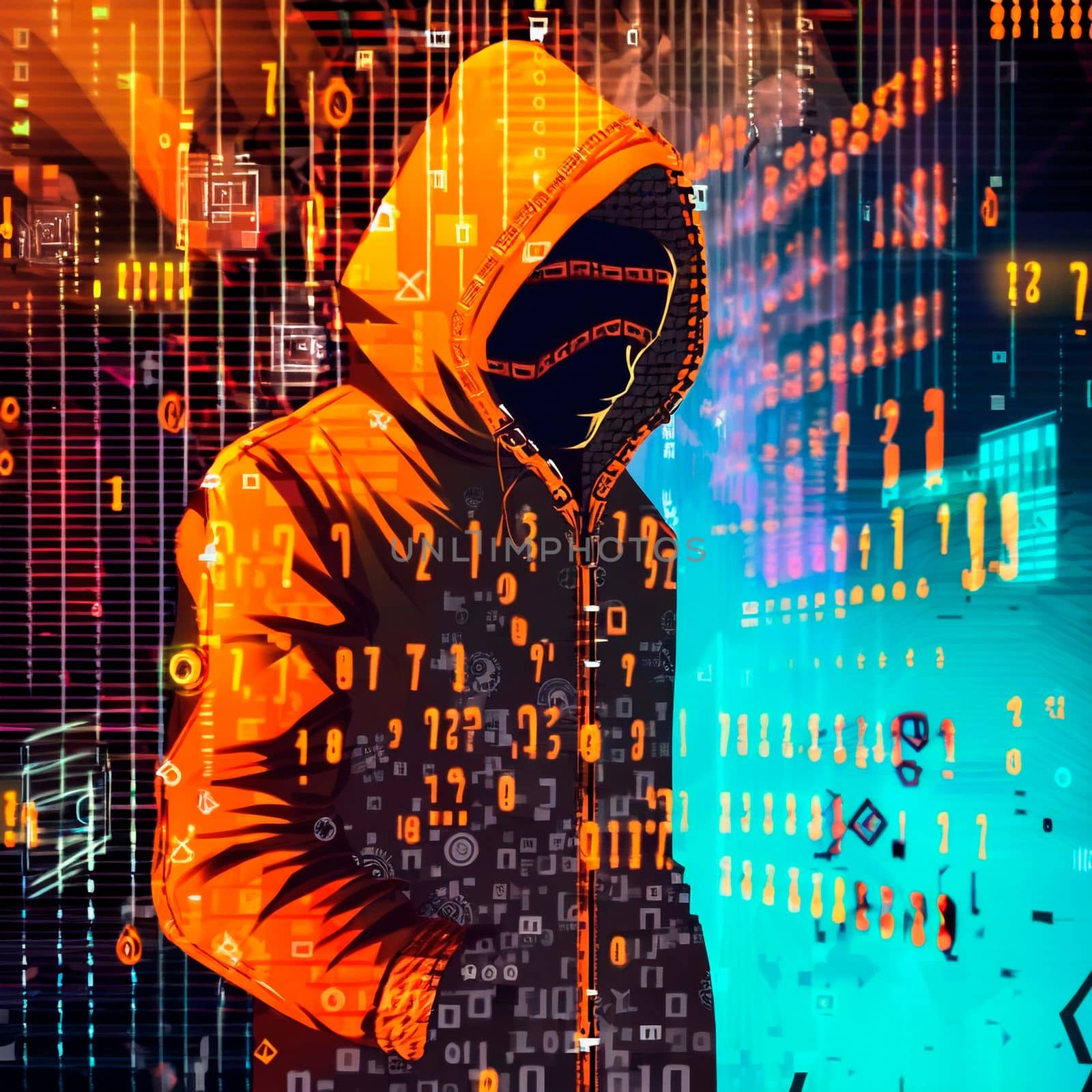 Hacker in an orange hood. Genius of the computer world. Numbers and Matrix by NeuroSky