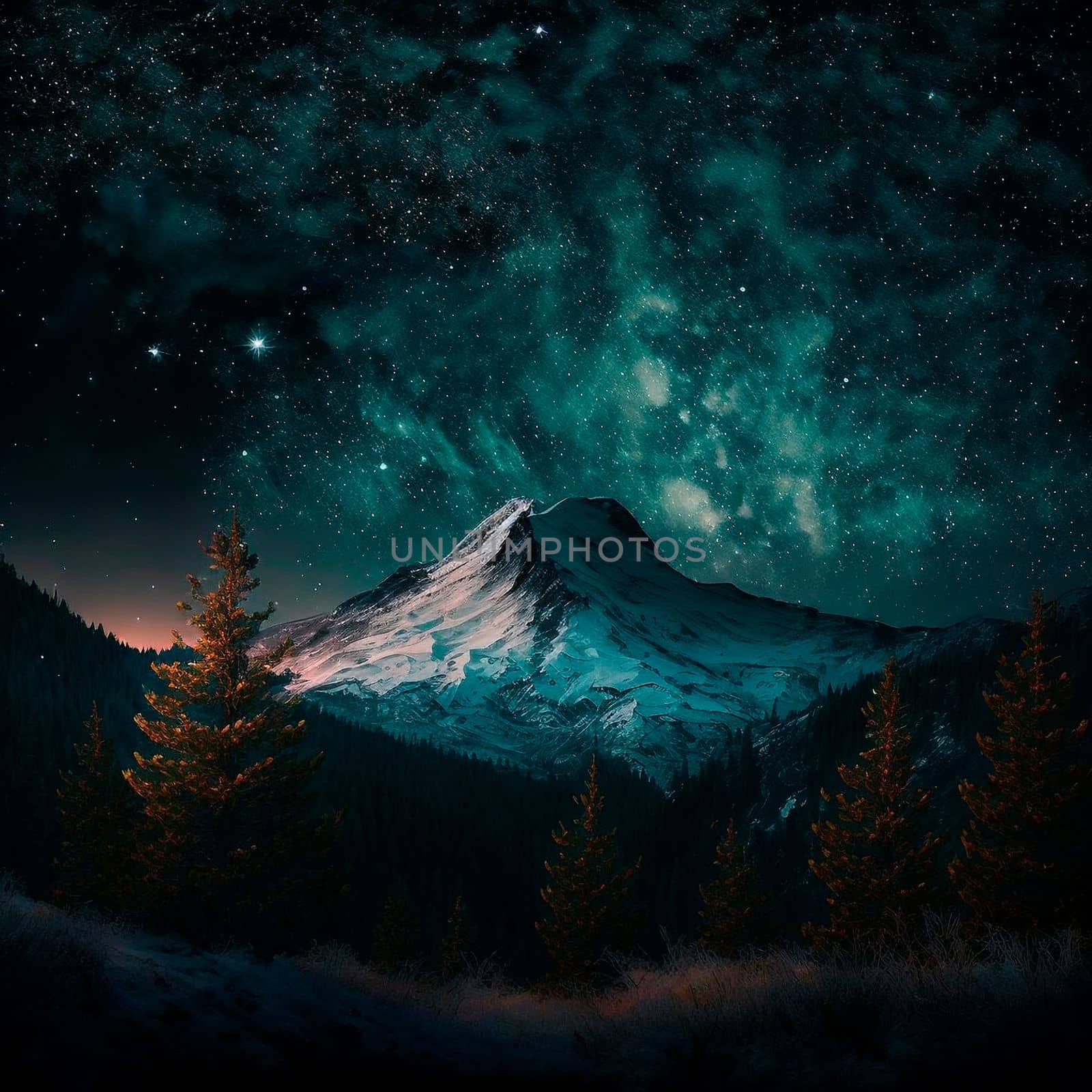 Mountains under the starry sky. High quality illustration