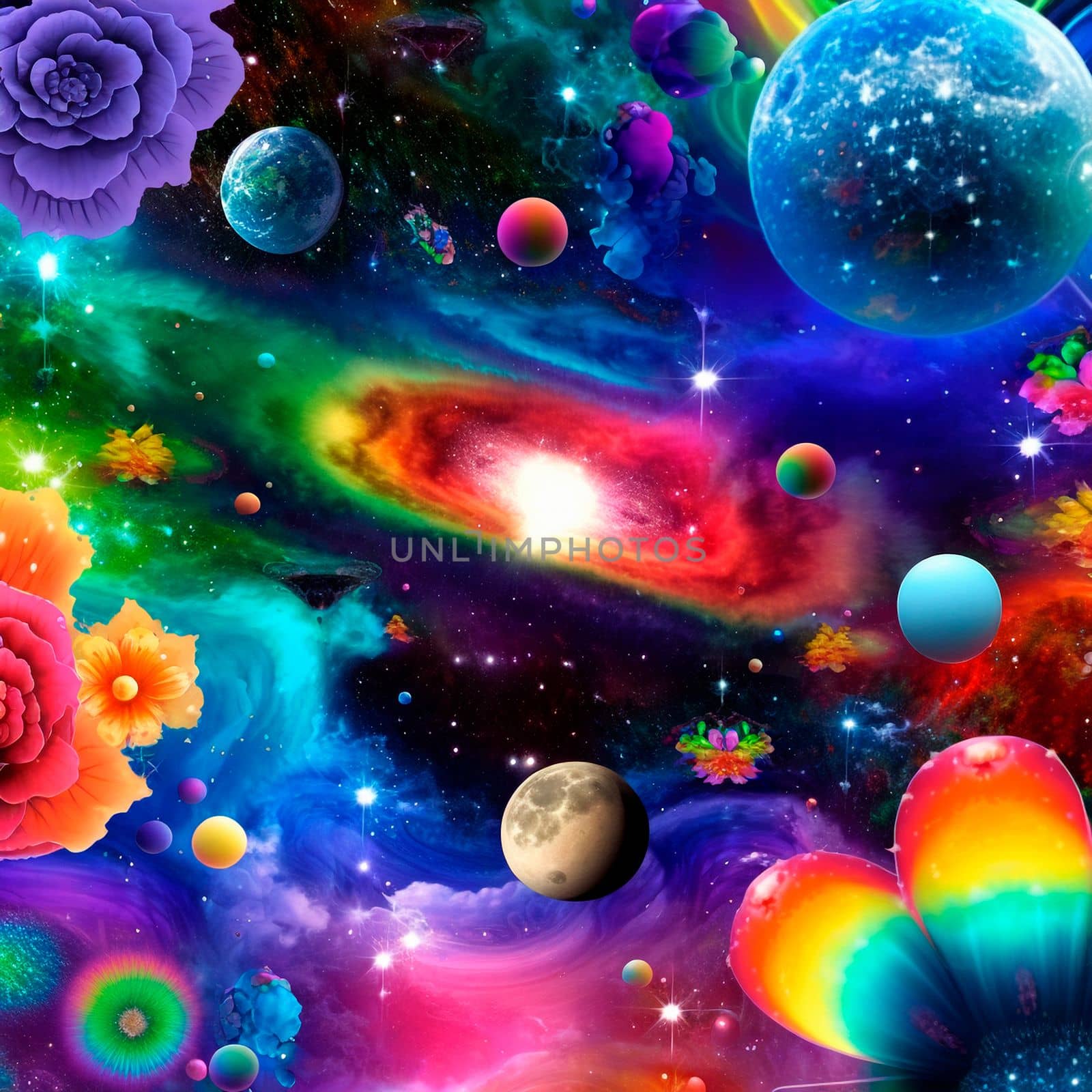 space background with different elements of rainbow colors. High quality illustration