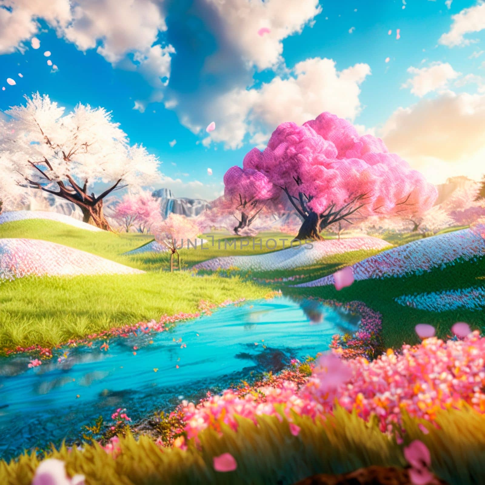 illustration of a fantasy spring world with bright sun and cherry blossoms by NeuroSky