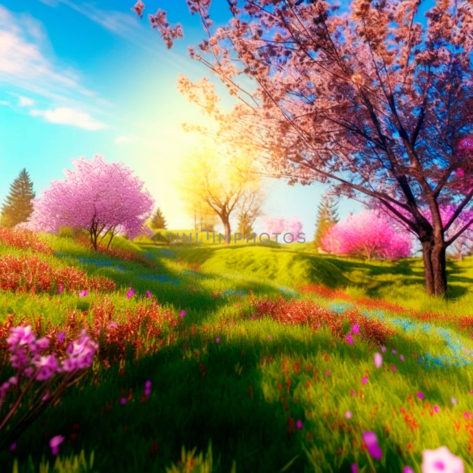 illustration of a fantasy spring world with bright sun and cherry blossoms. High quality illustration