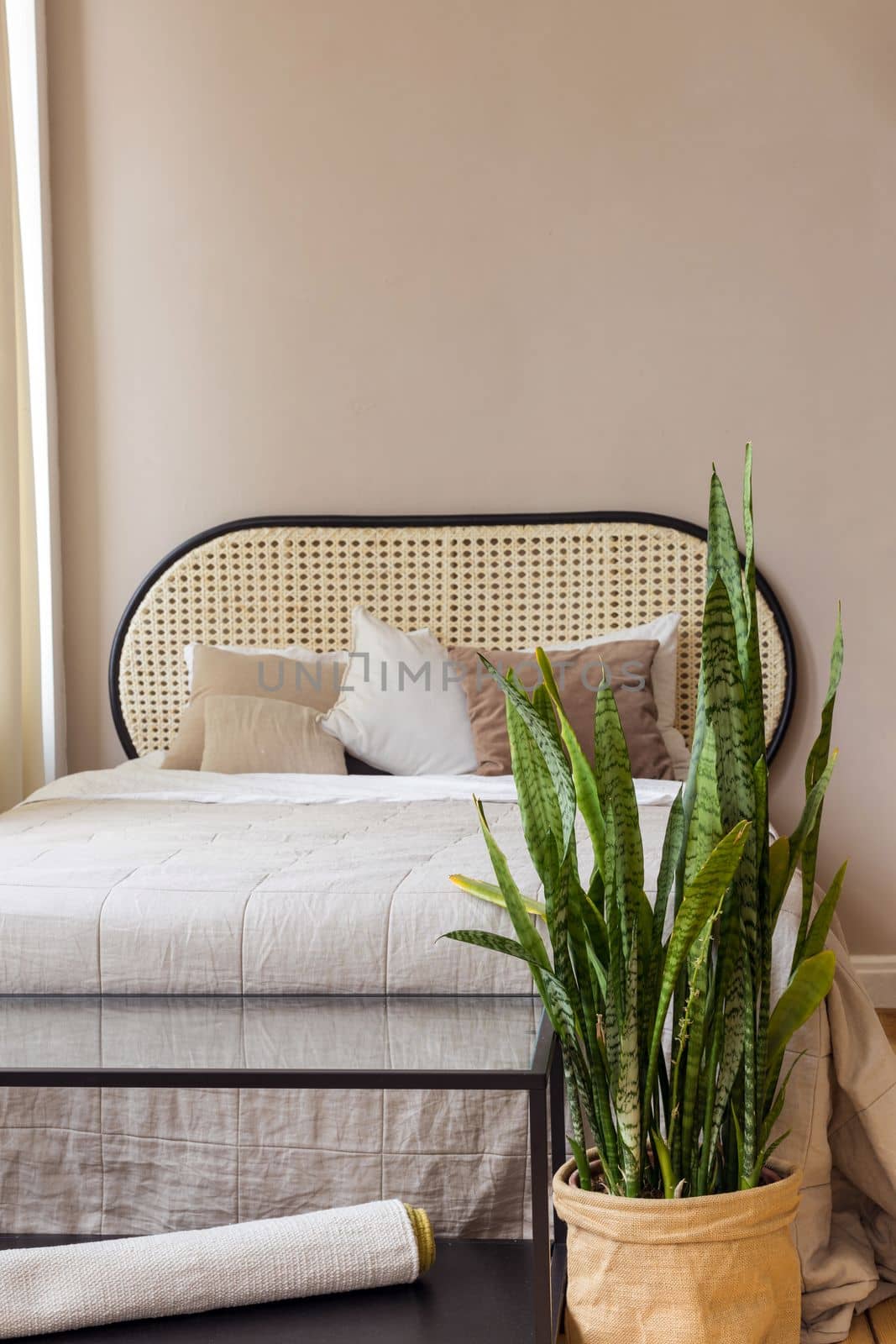 Table and potted plant placed near comfortable bed and staircase in spacious bedroom in modern apartment