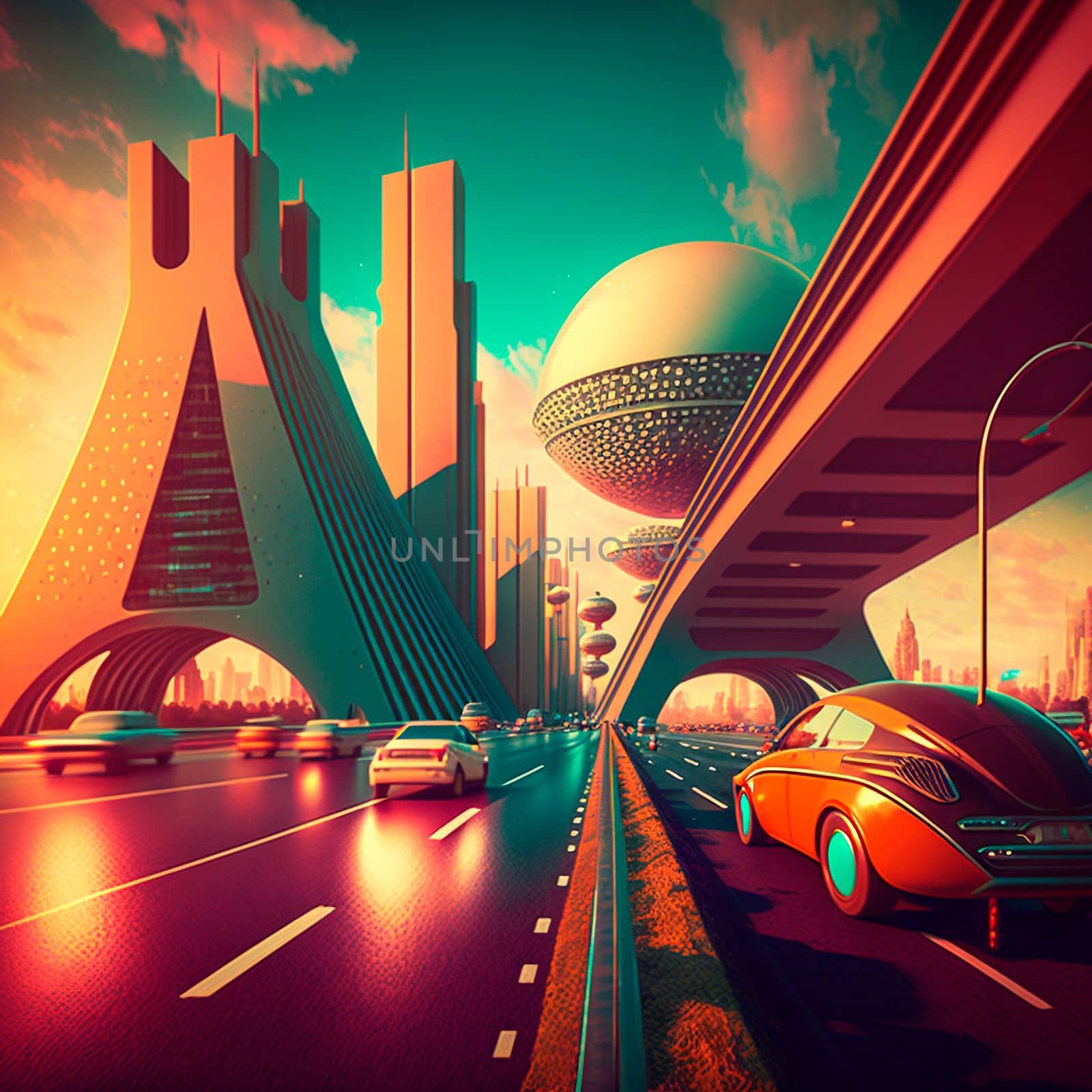Futuristic city in retro style. Cars are driving on the highway. High quality illustration